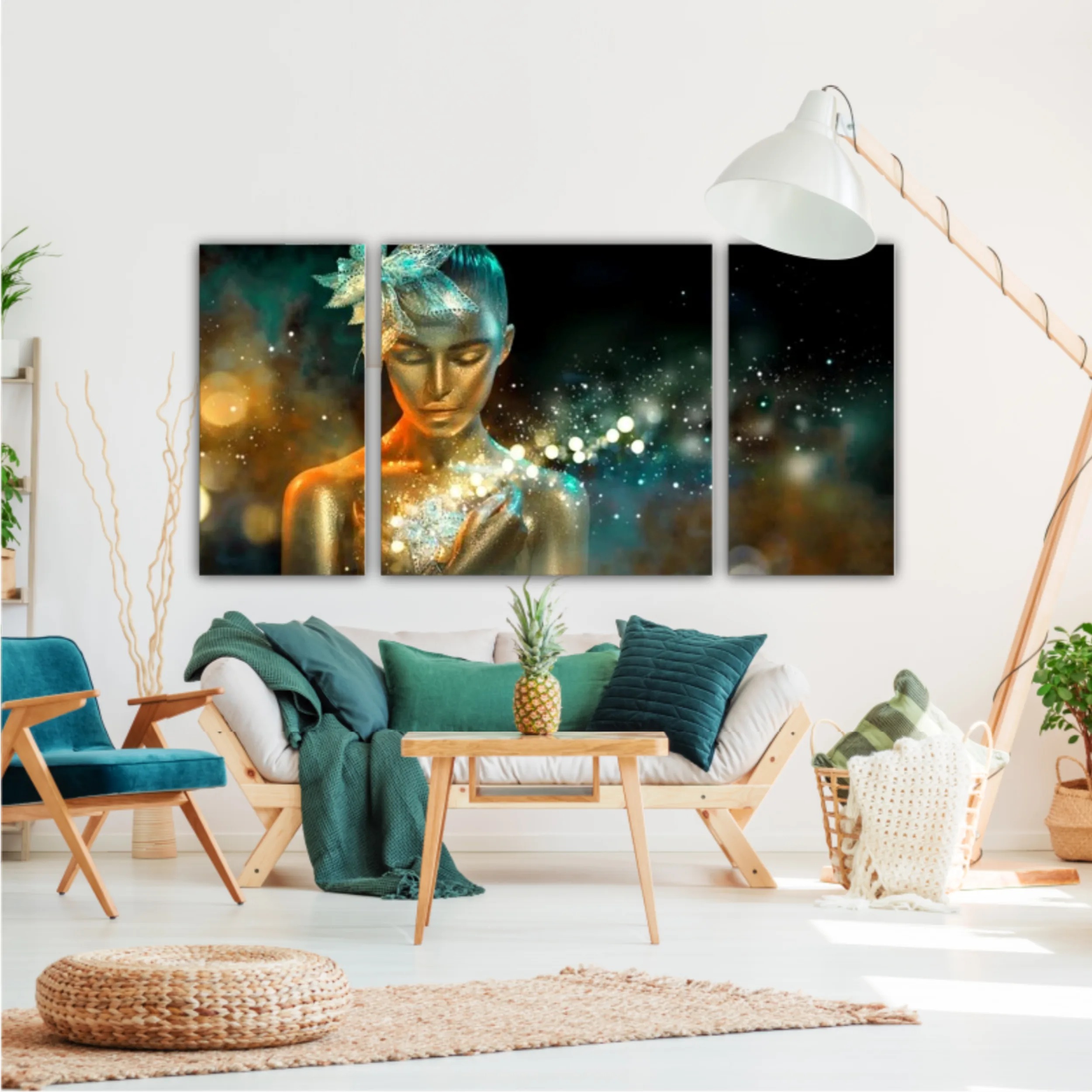 High Fashion model woman in colorful bright golden sparkles and neon lights posing with fantasy flower, portrait of beautiful girl glowing make-up