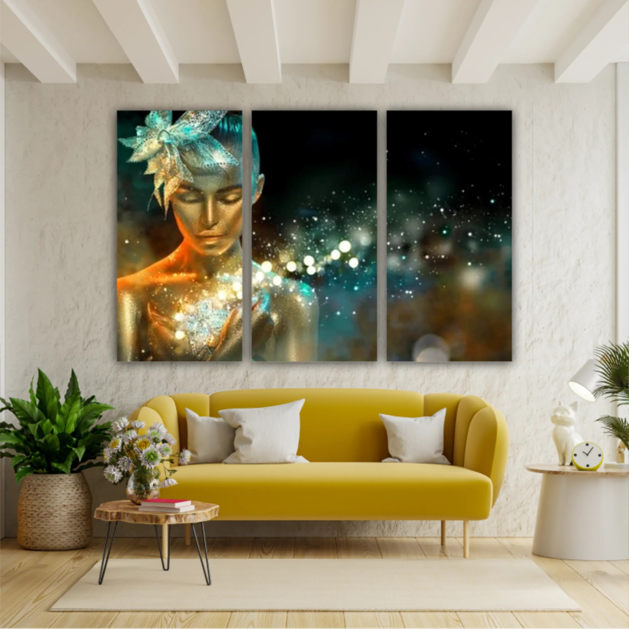 High Fashion model woman in colorful bright golden sparkles and neon lights posing with fantasy flower, portrait of beautiful girl glowing make-up