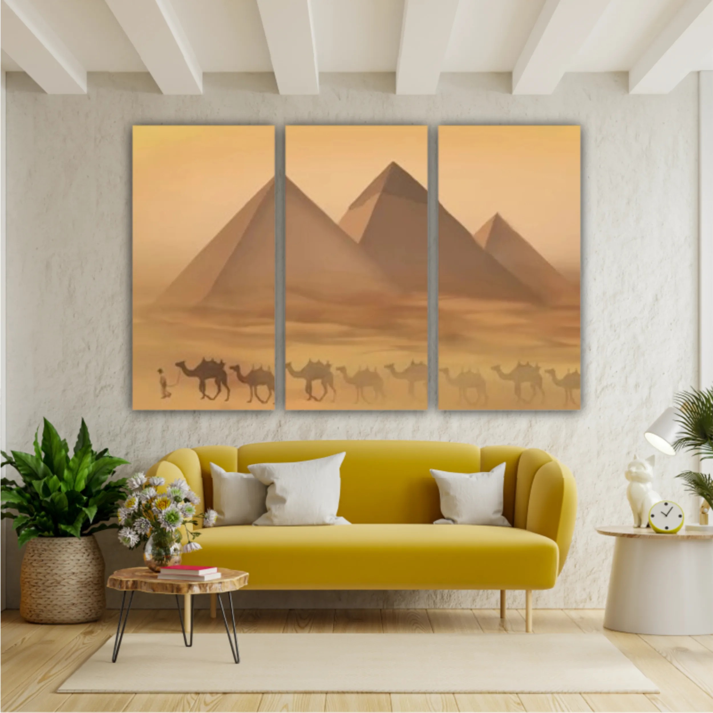 Desert landscape with pyramids. Sandstorm, camel caravan