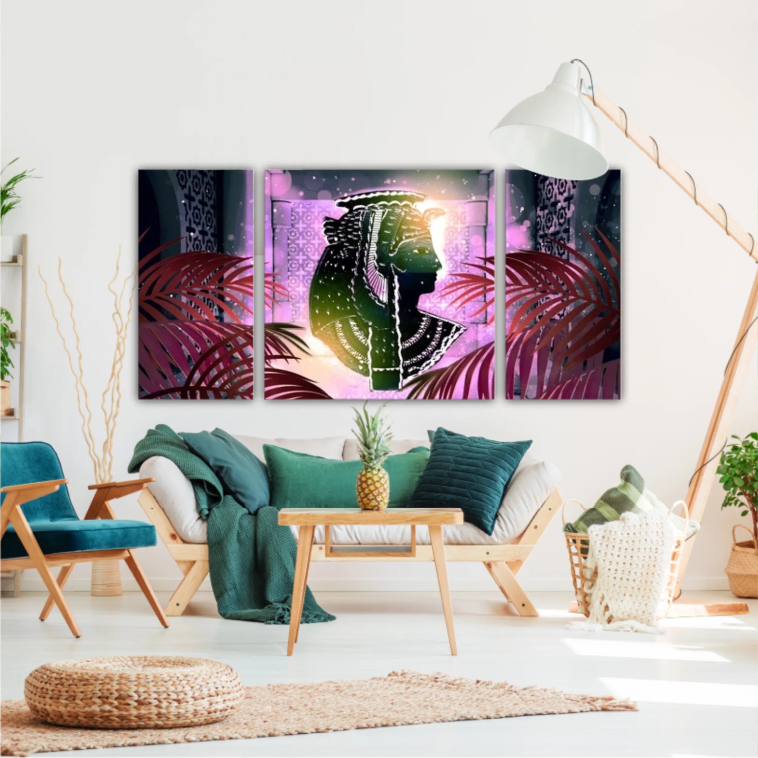 Eastern interior background with ornaments on the walls and columns, neon lights, rays of sunlight, bokeh. 3D