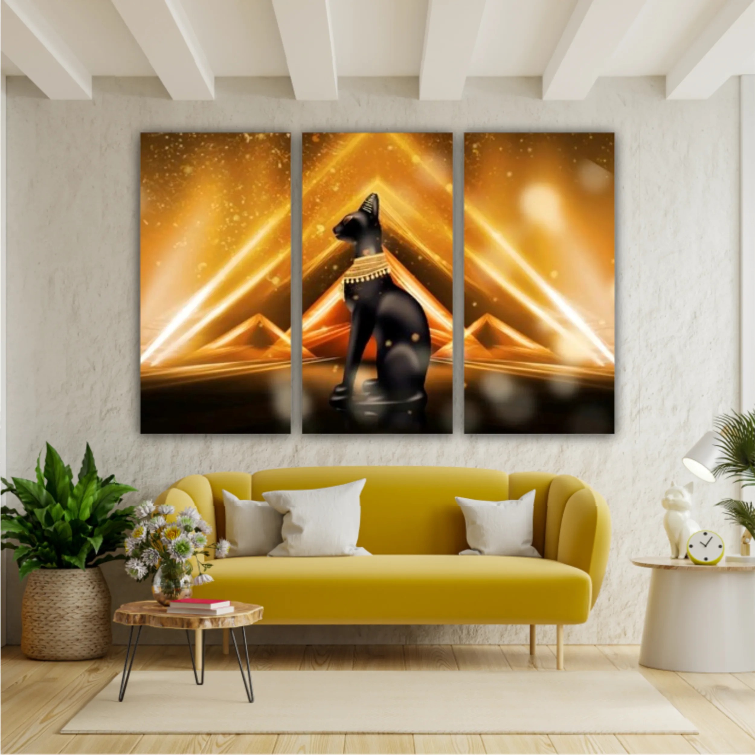 Egyptian background, a hall with columns in the golden light, the rays of light. Egyptian goddess Bastet. Background Ancient Egypt. 3D illustration