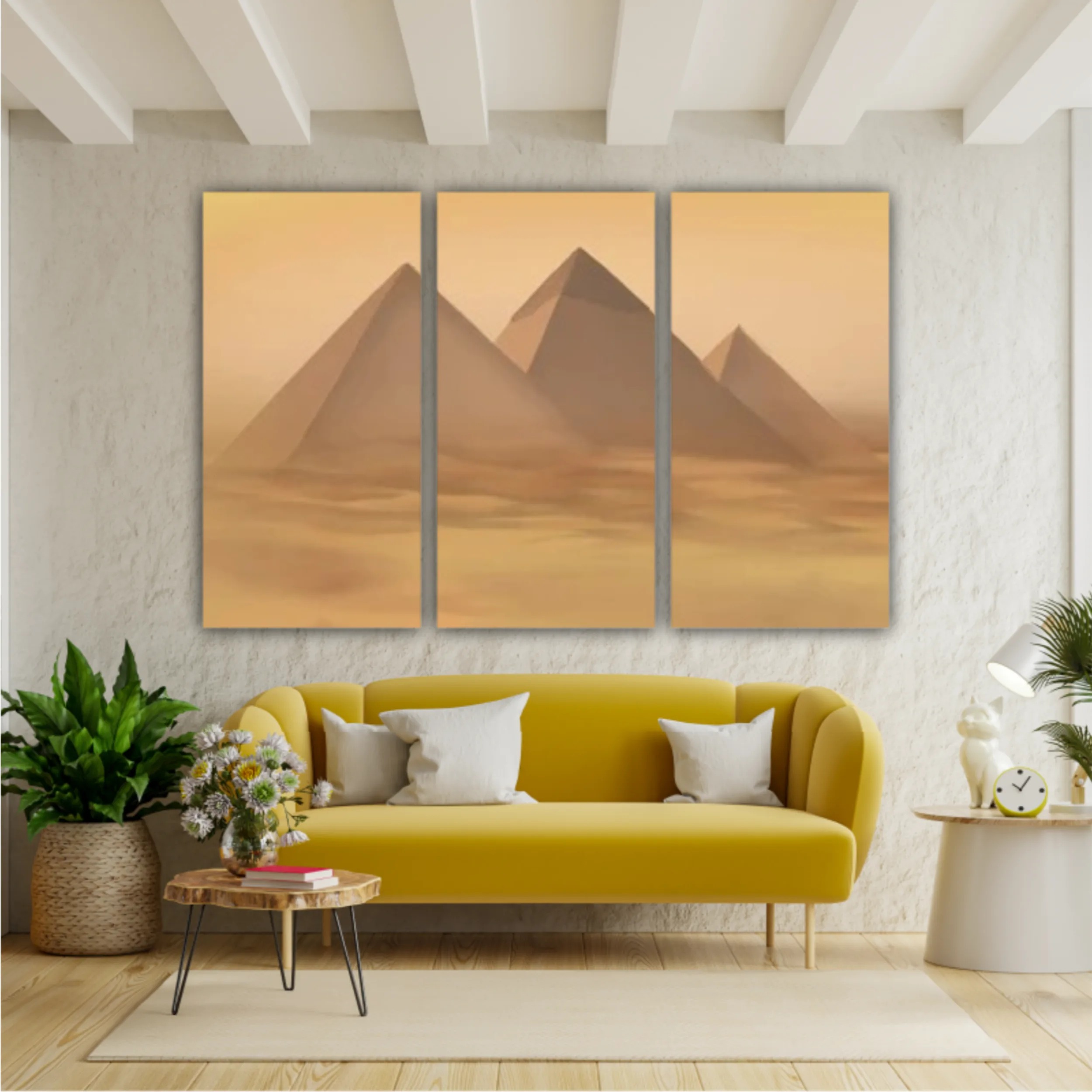 Desert landscape with pyramids. Sandstorm, camel caravan