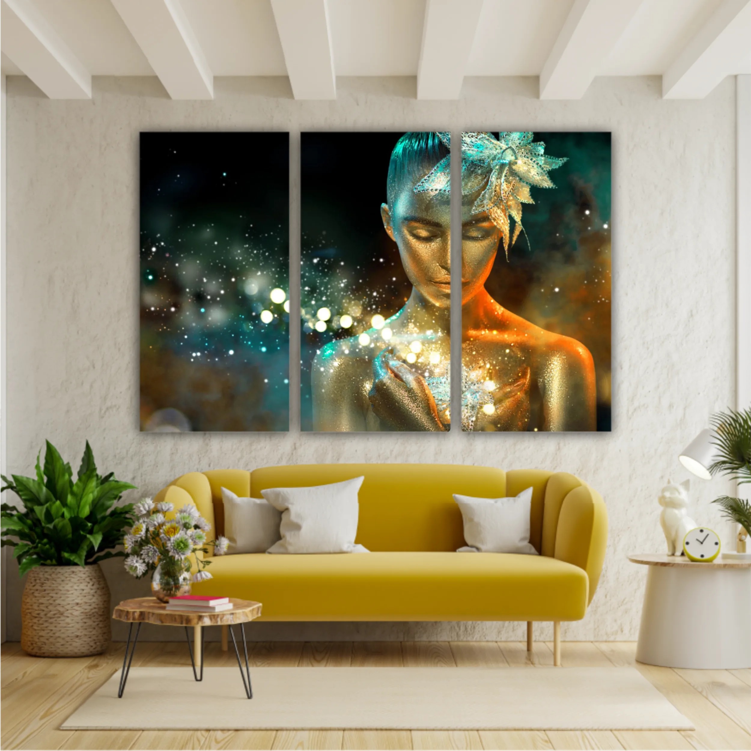 High Fashion model woman in colorful bright golden sparkles and neon lights posing with fantasy flower, portrait of beautiful girl glowing make-up