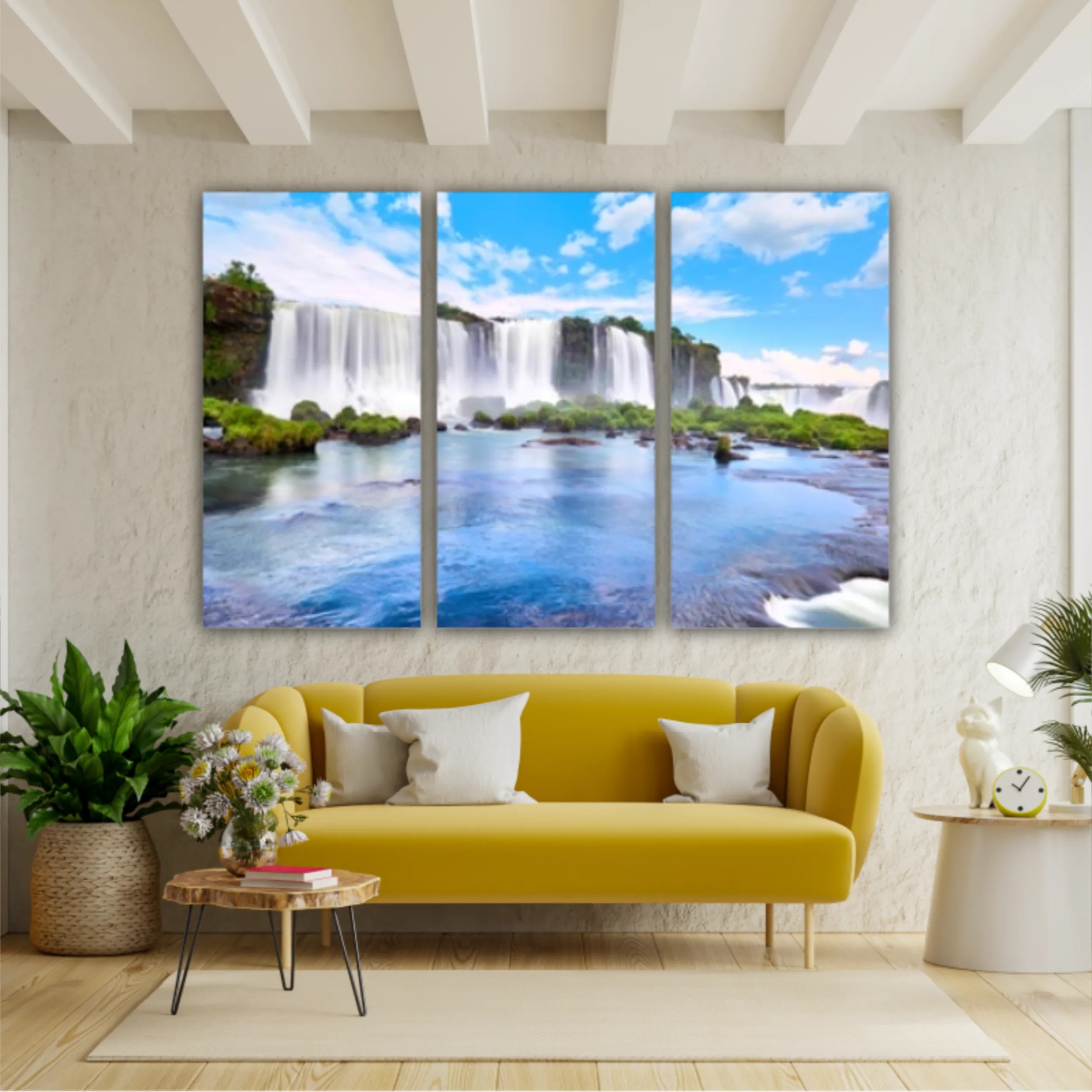 Panoramic view of many majestic powerful water cascades with mist and reflection of blue sky with clouds. Panoramic image of Iguazu valley