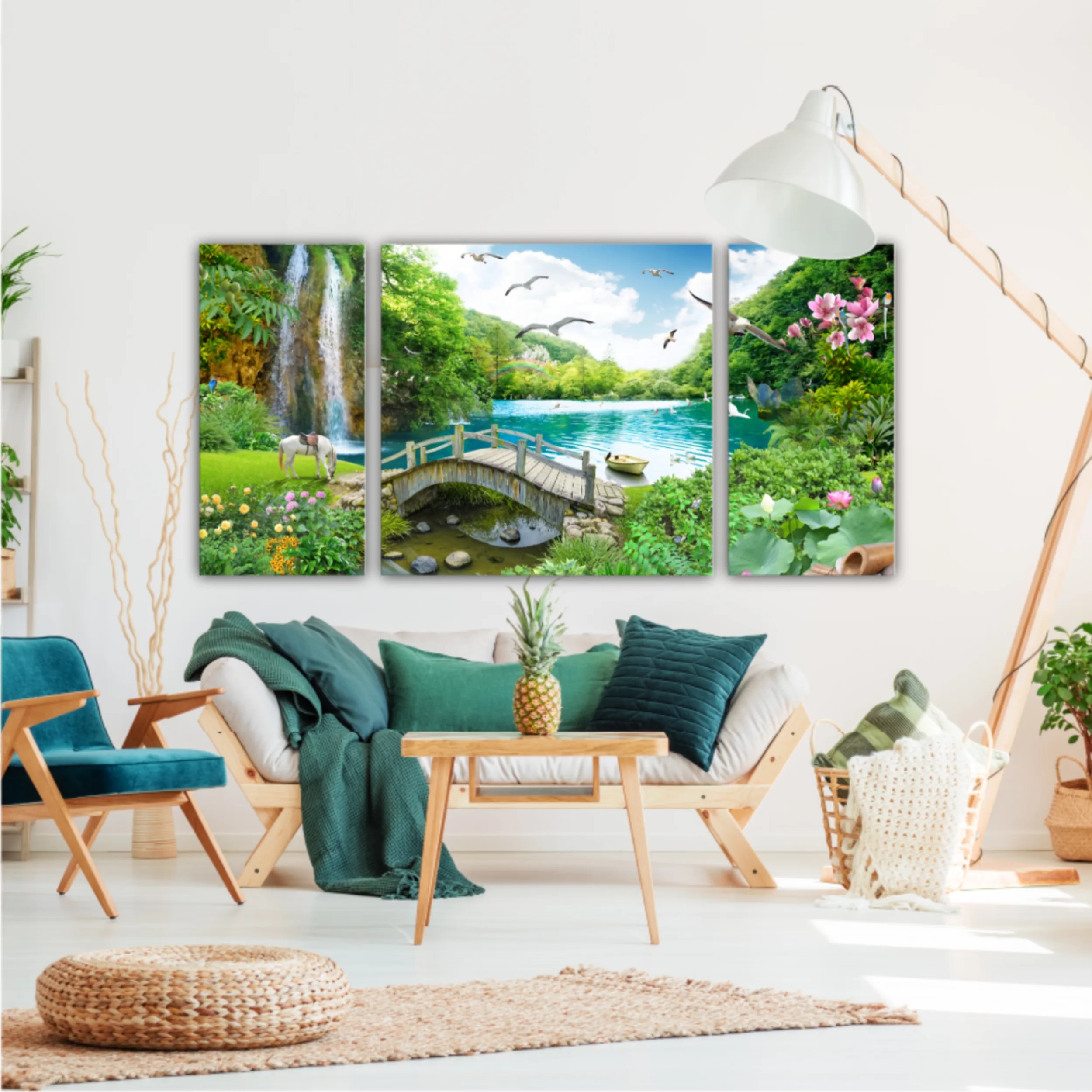 tropical view with waterfall, lake, bird, white horse and wood bridge