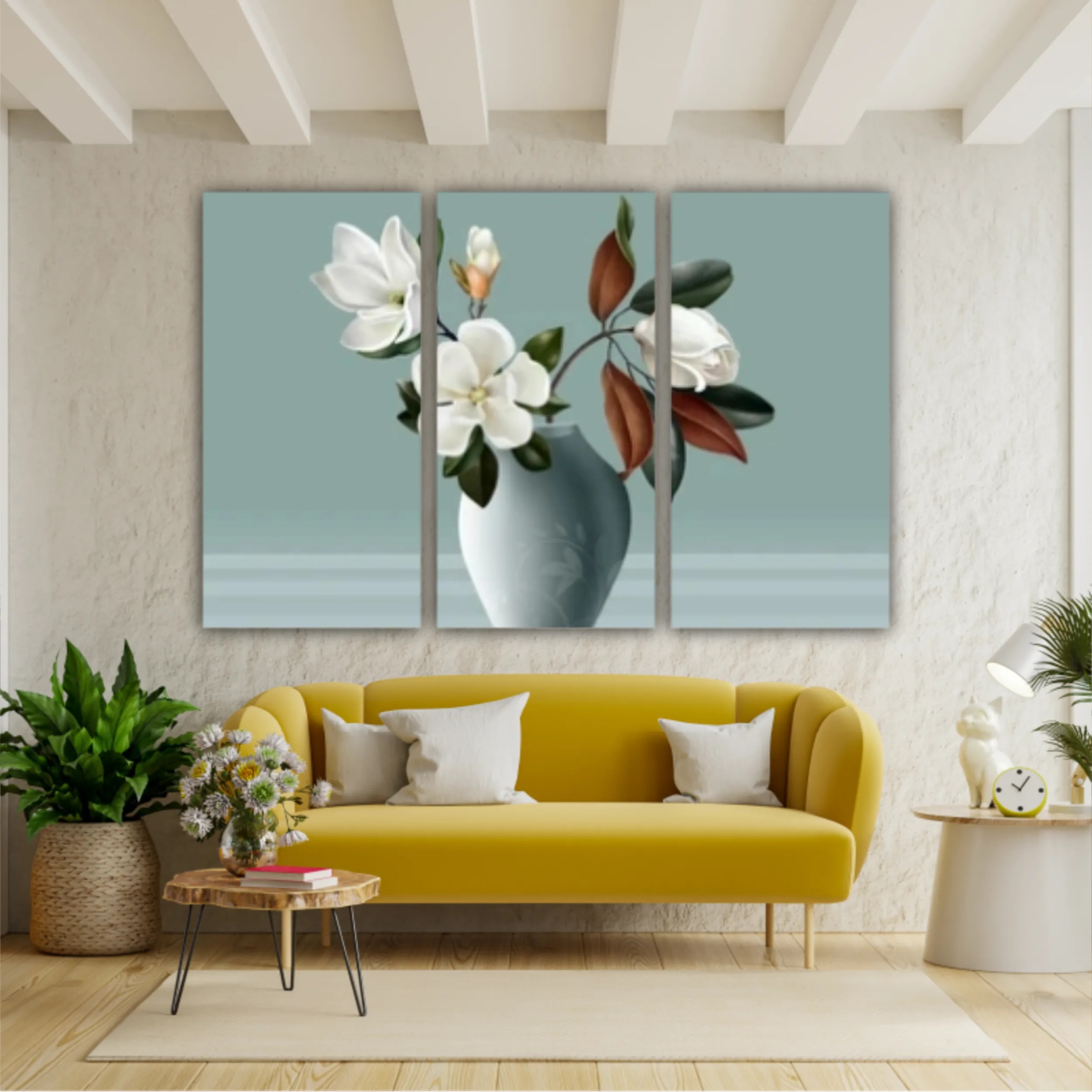 Illustration 3d vases of magnolia. Modern fashion for decor and wallpaper. Digital abstract art