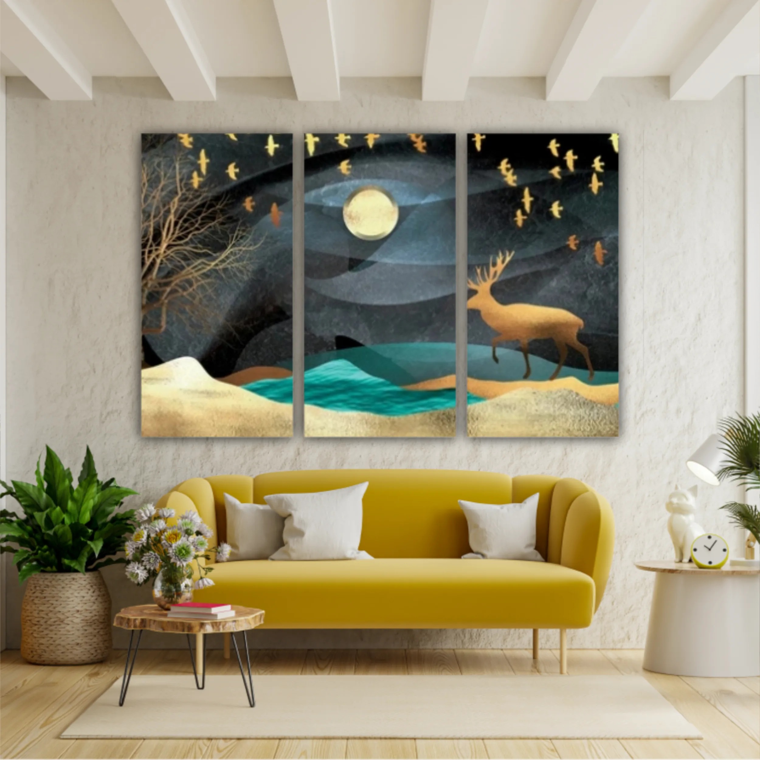 3d illustration of moon, deer and flock of flying birds