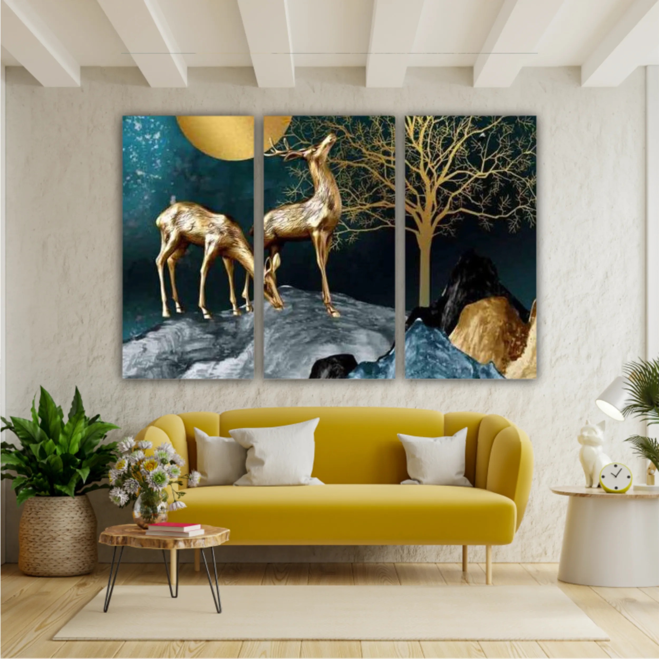 3d illustration of golden deer in the mountain. Luxurious abstract art digital painting