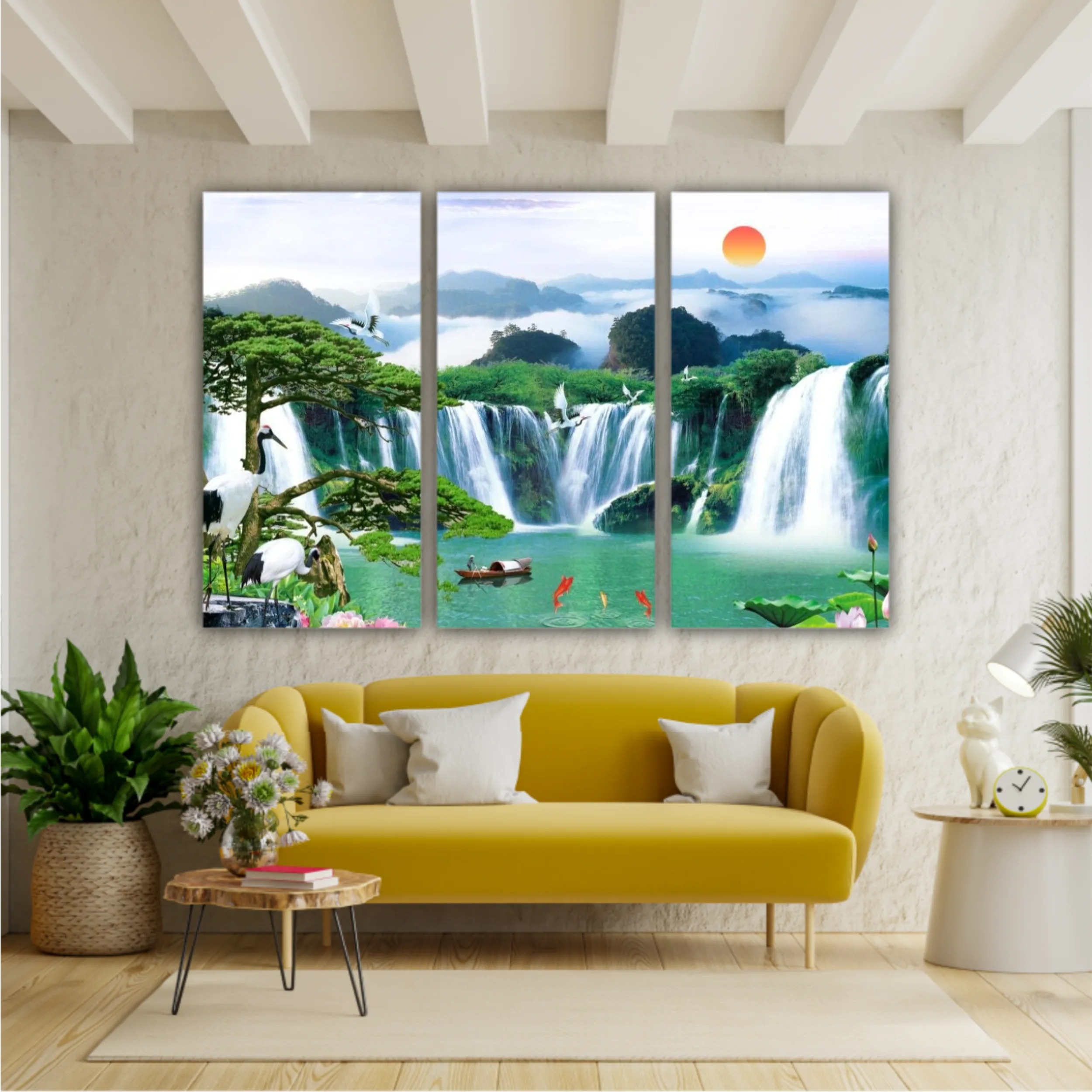 3d illustration of forest waterfall and bird