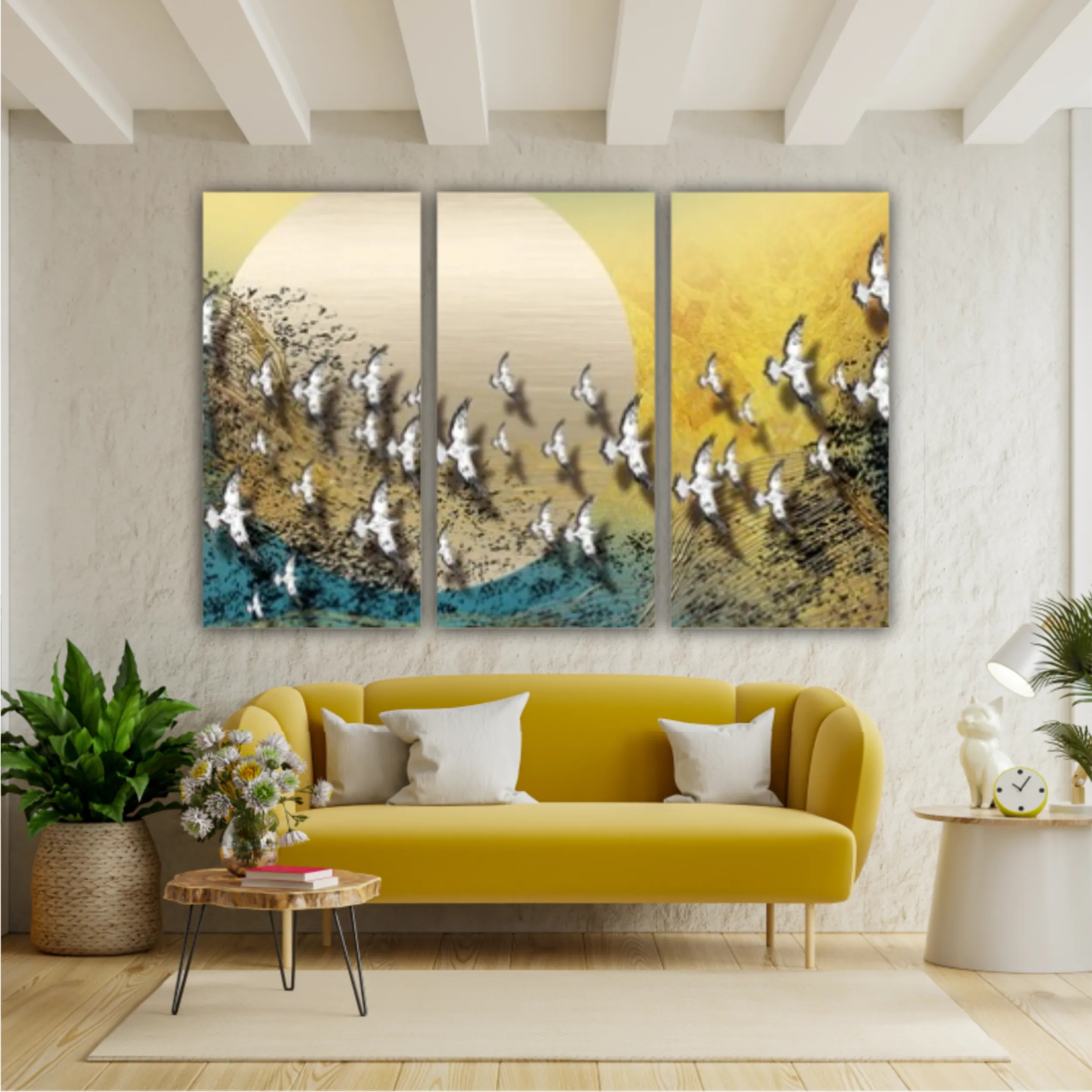 3d illustration of white flock of birds flying over the moon. Luxurious abstract art digital painting