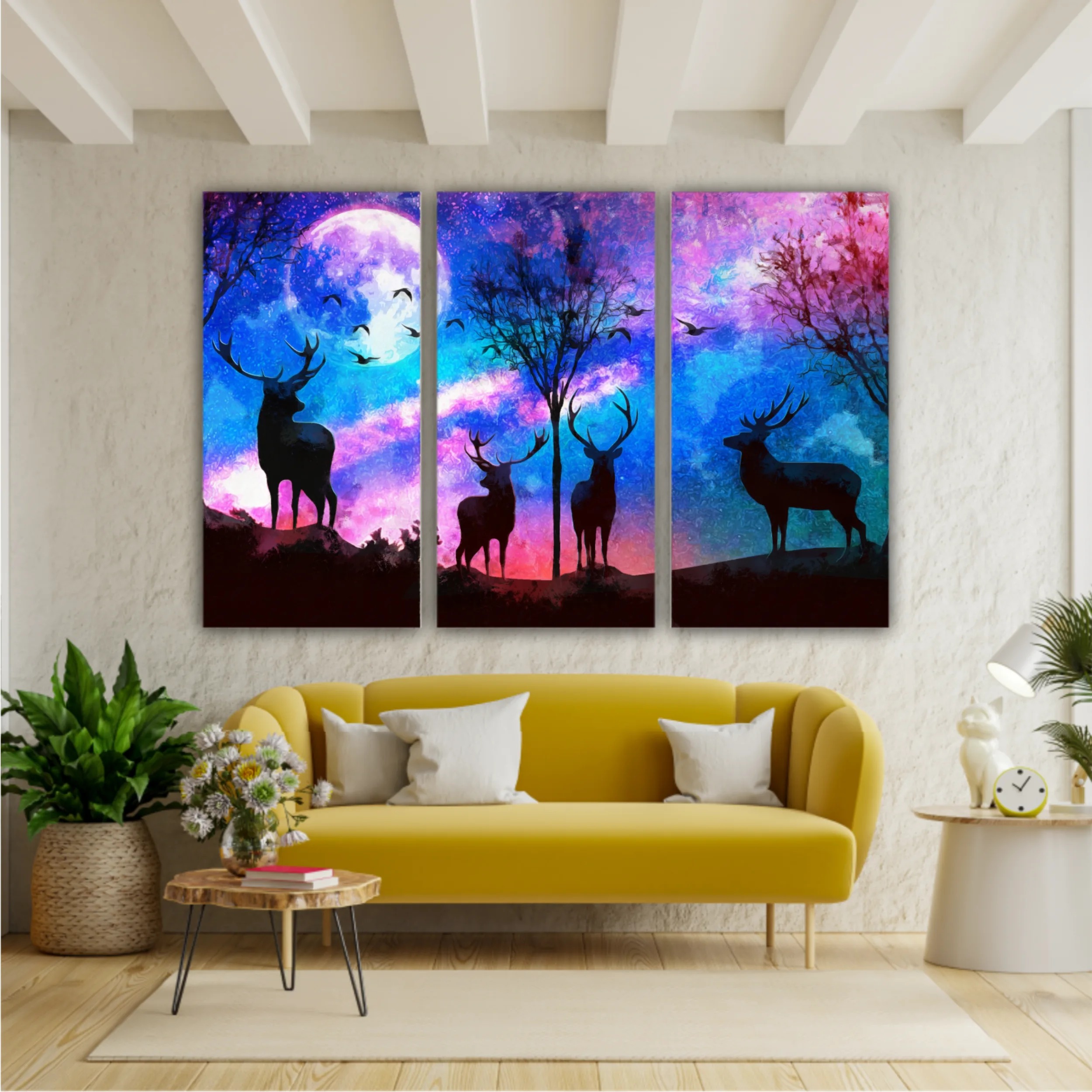 Deers in a forest at night with dark blue misty background with moon