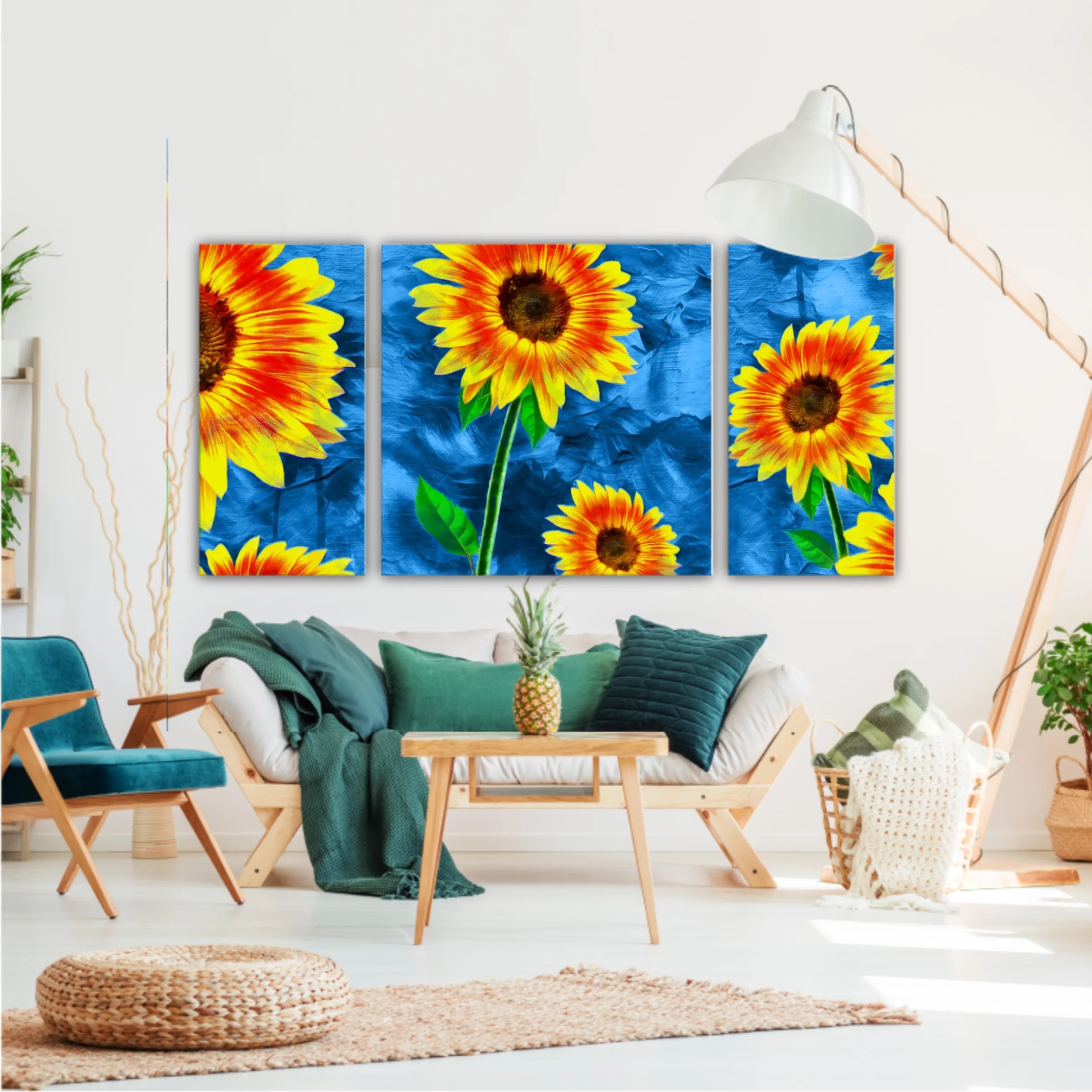 Yellow sunflowers on blue abstract background