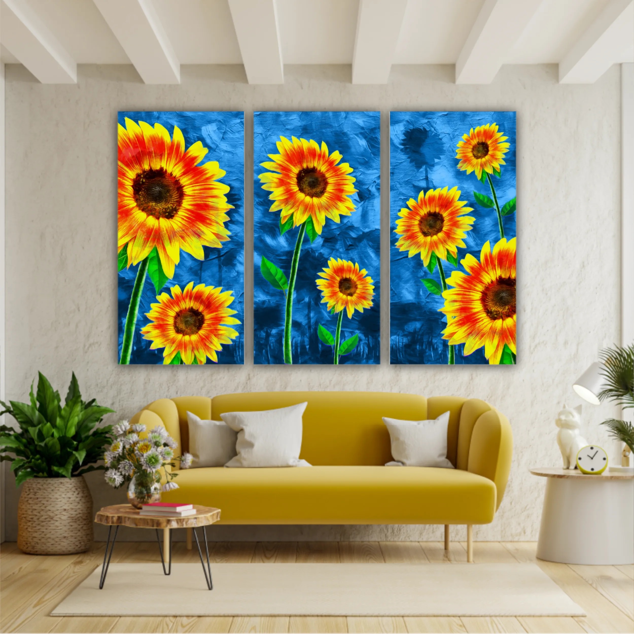 Yellow sunflowers on blue abstract background