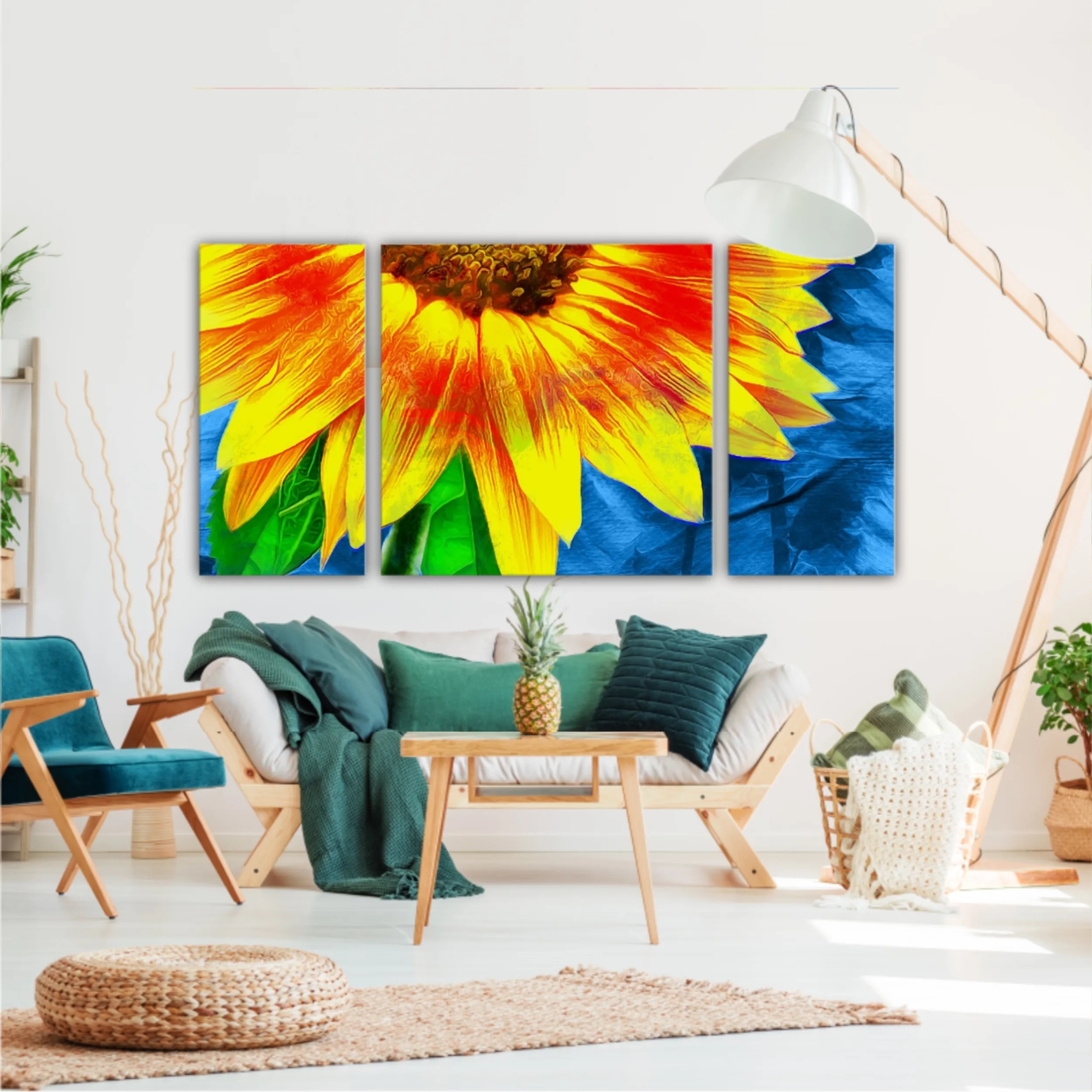 Yellow sunflowers on blue abstract background N1