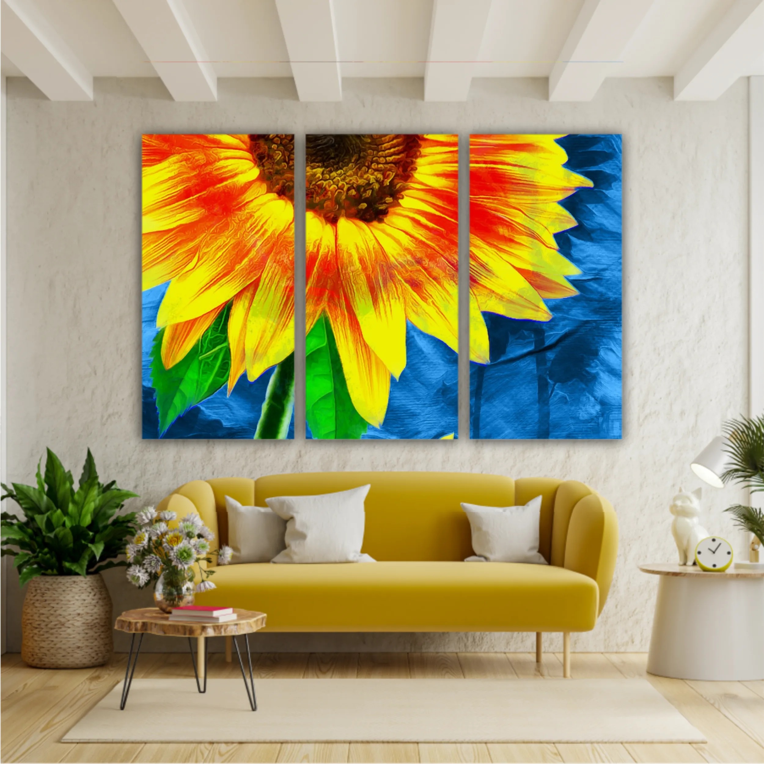 Yellow sunflowers on blue abstract background N1