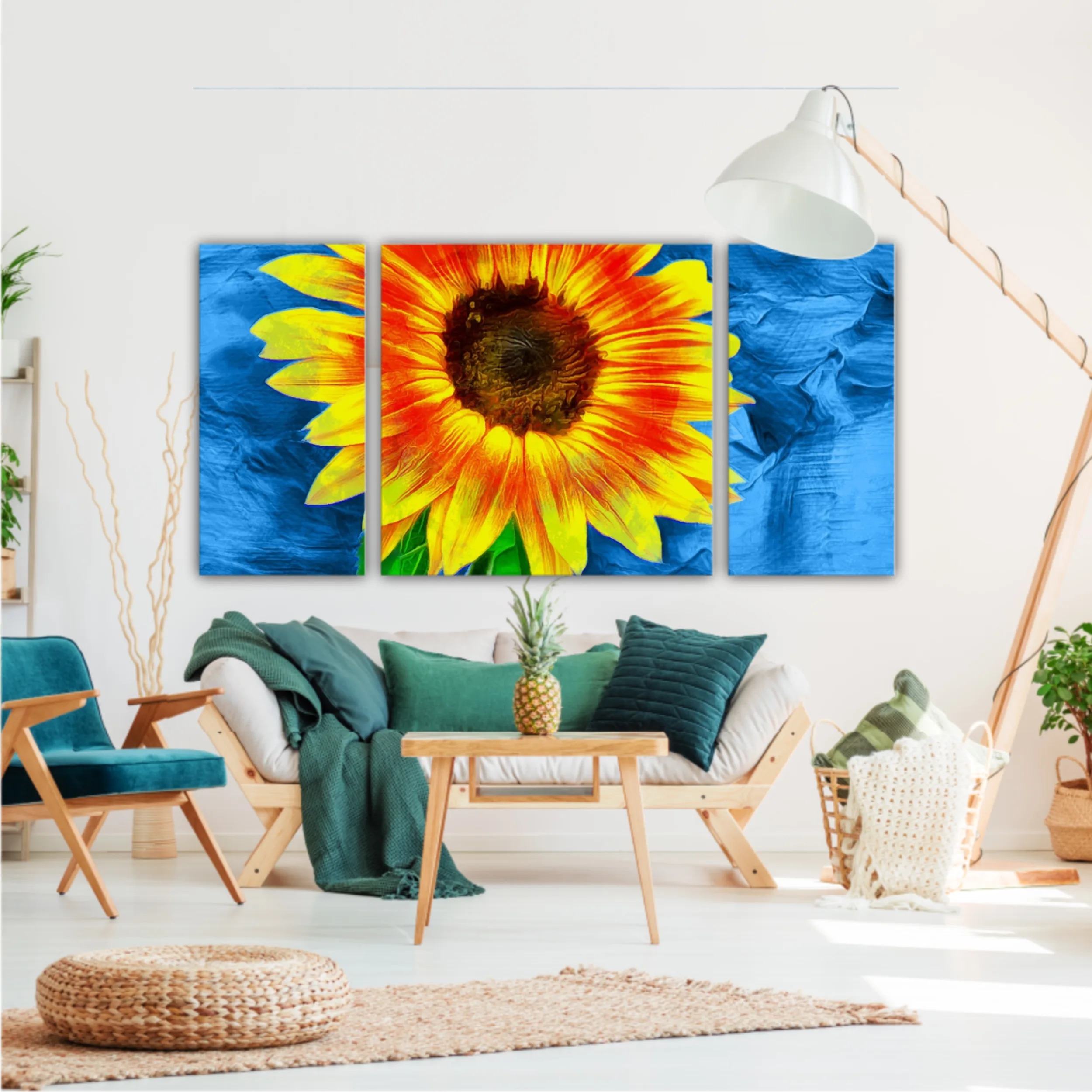 Yellow sunflowers on blue abstract background N2