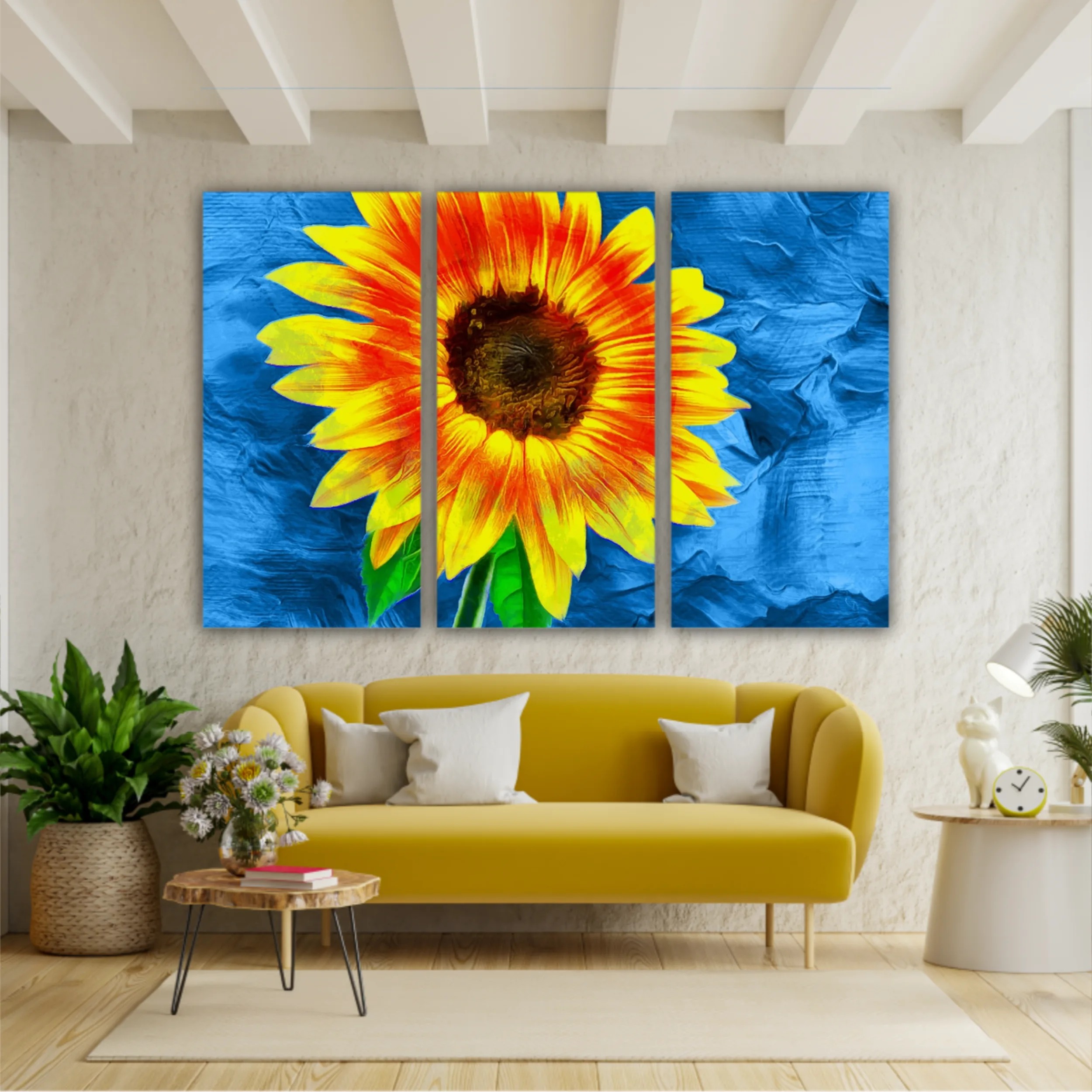 Yellow sunflowers on blue abstract background N2