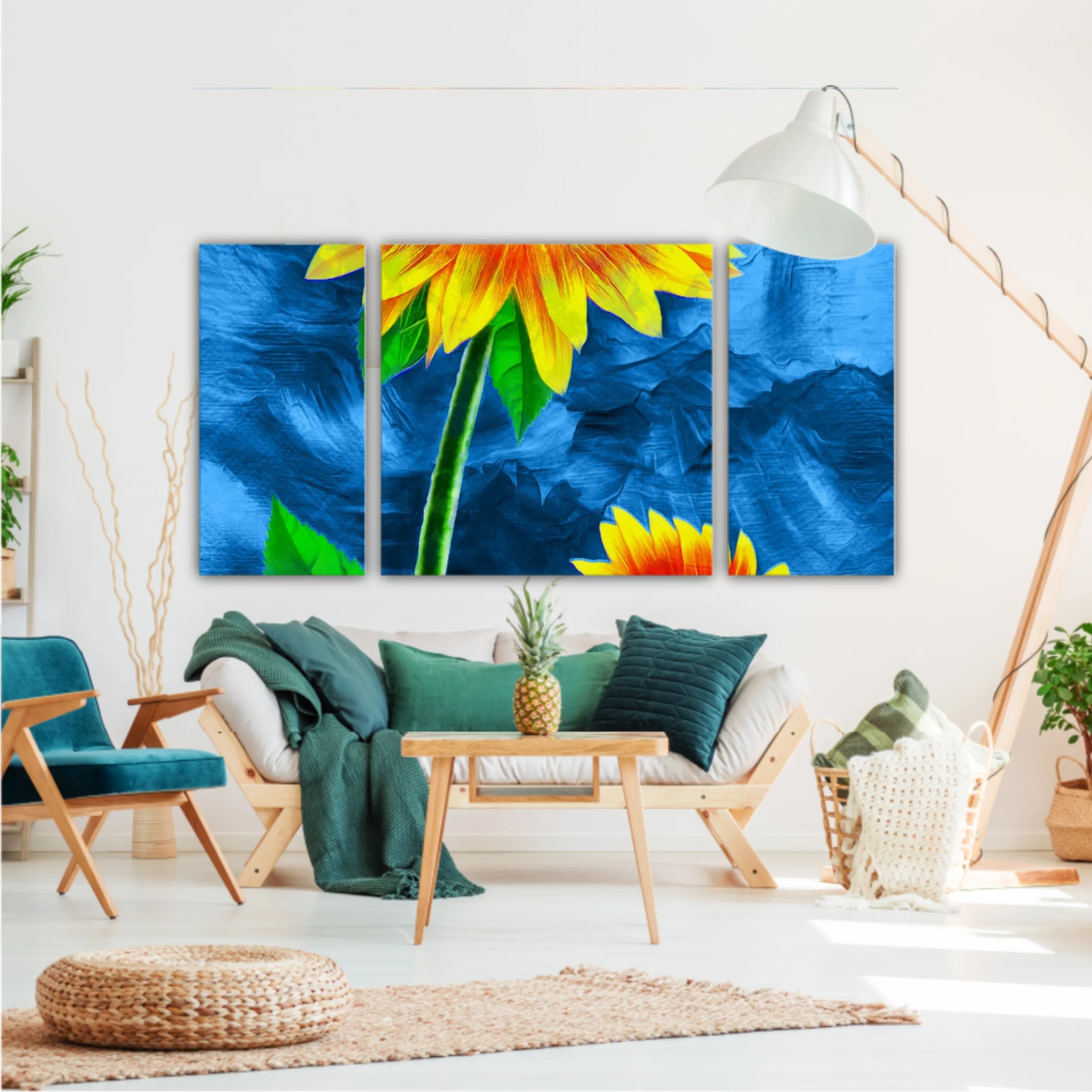 Yellow sunflowers on blue abstract background N3