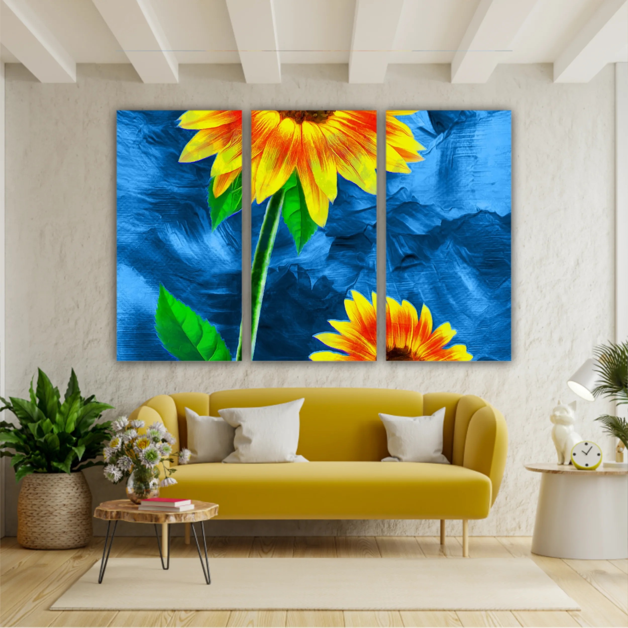 Yellow sunflowers on blue abstract background N3