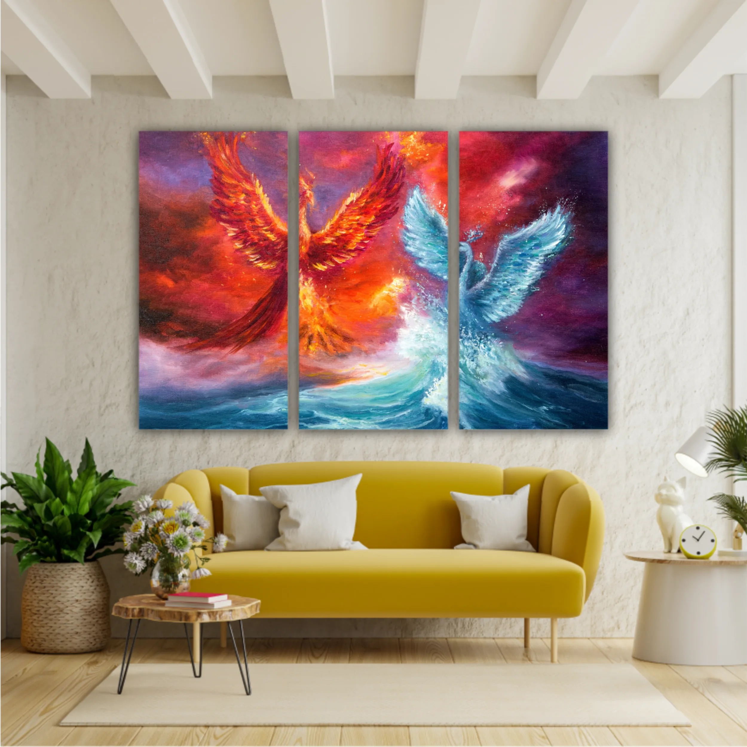  phoenix and spiritual swan from waves in ocean. Golden sunset. Modern Impressionism, modernism, marinism