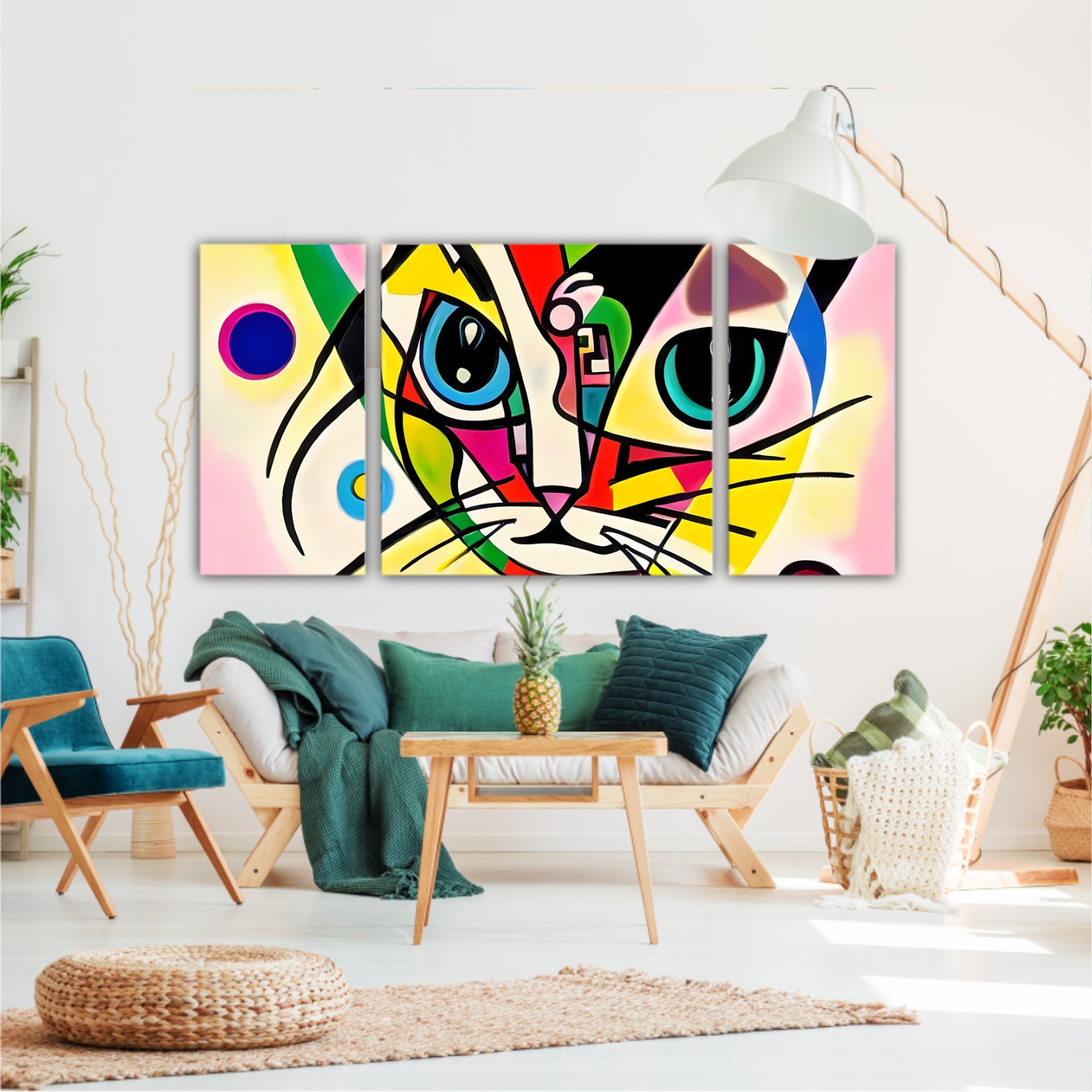 A bright and colorful abstract portrait composition of a cat designed in the style of Kandinsky and the Bauhaus art movement.