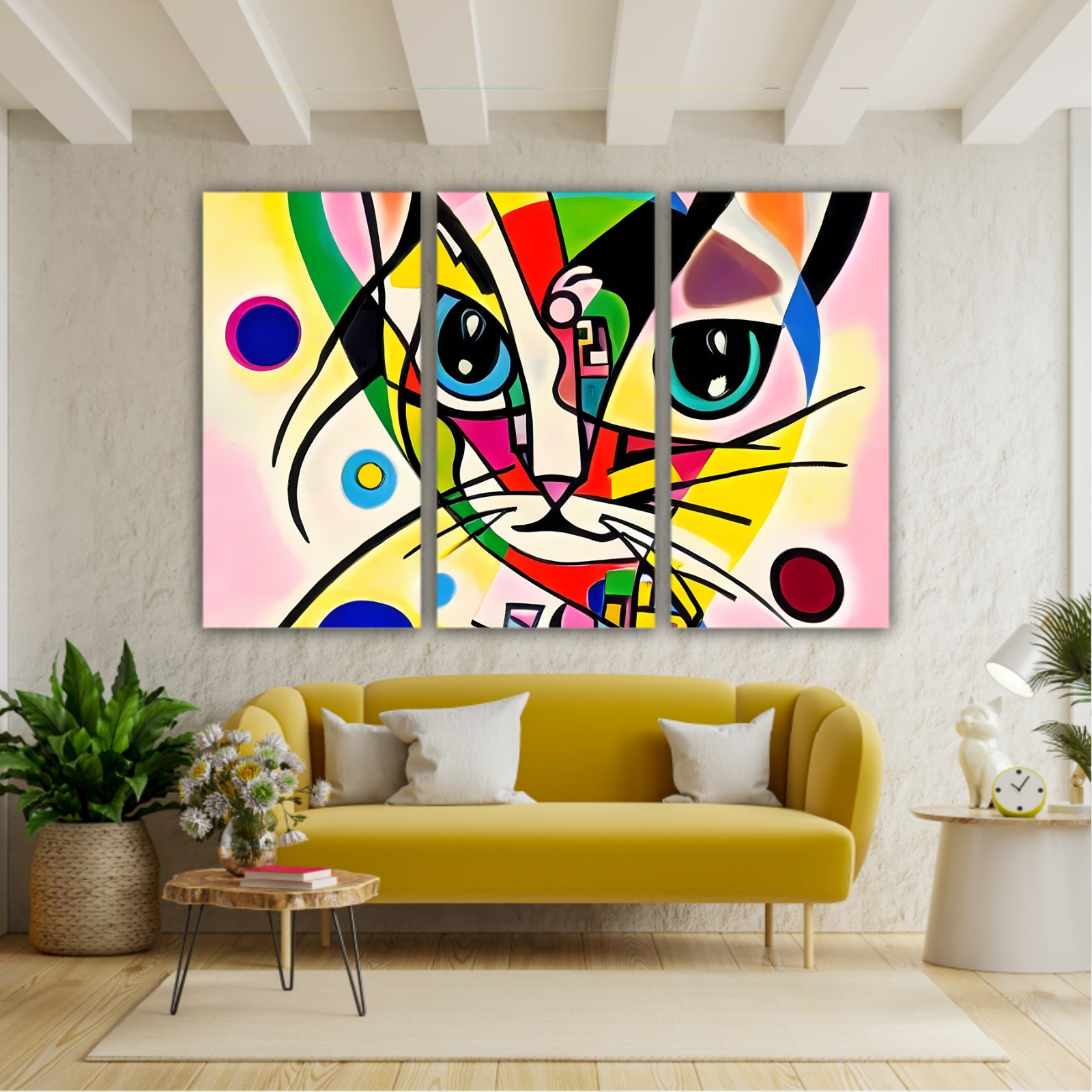 A bright and colorful abstract portrait composition of a cat designed in the style of Kandinsky and the Bauhaus art movement.