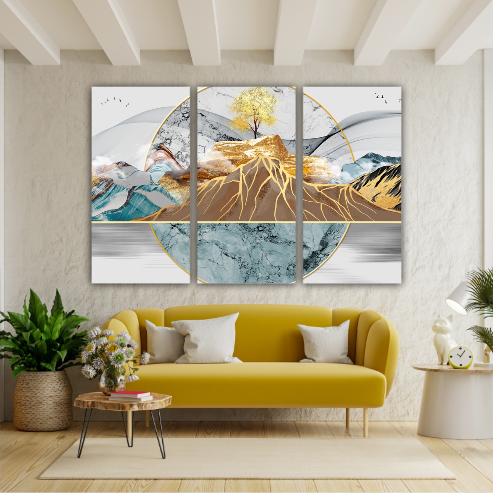 Abstract painting of mountains colored with gold, red and blue, with golden dear, golden tree