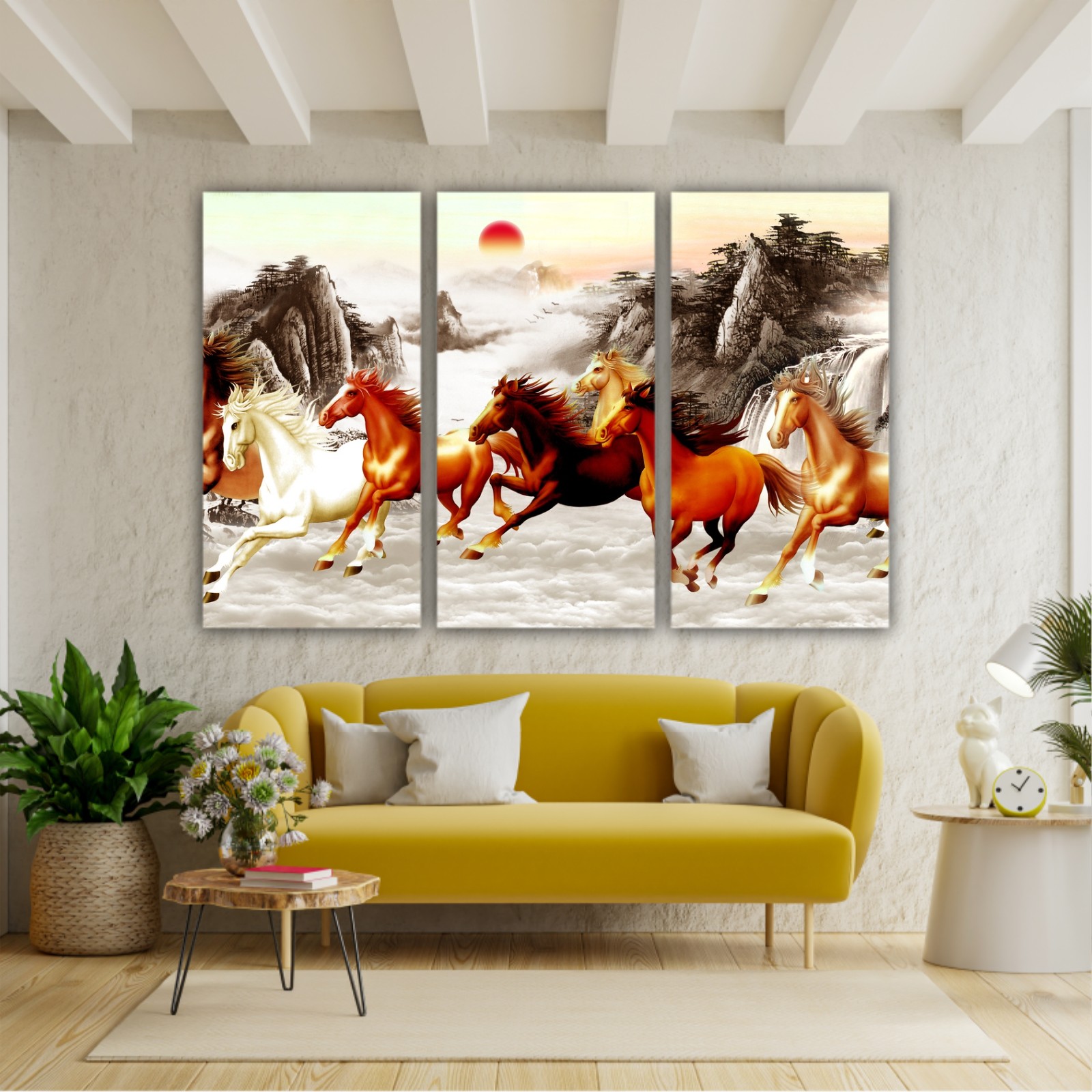 Abstract painting  with galloping horses and a red moon on backround