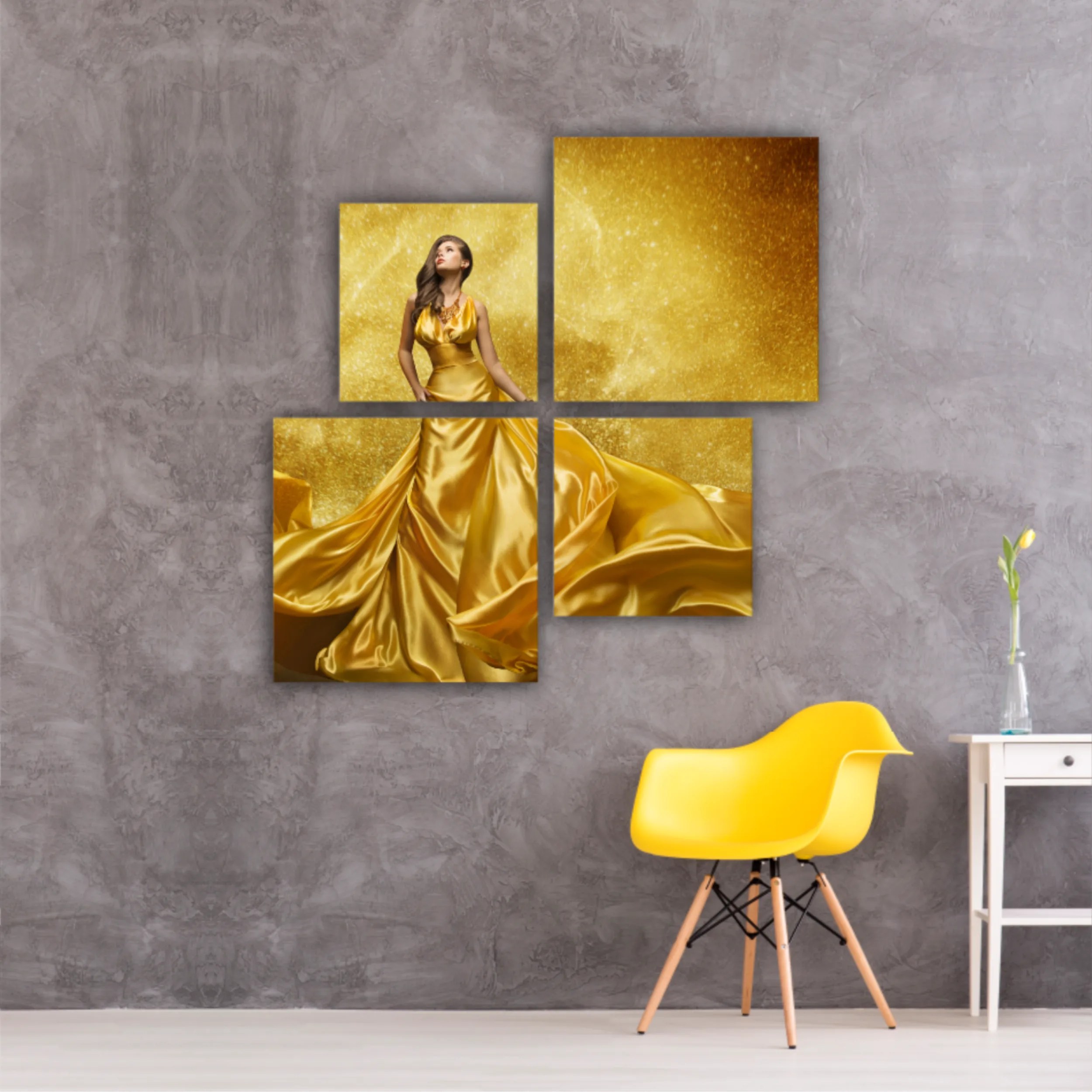 Gold Fashion Model Dress, Woman In Golden Silk Gown Flowing Fabric. Beautiful Girl on Stars Sky looking up