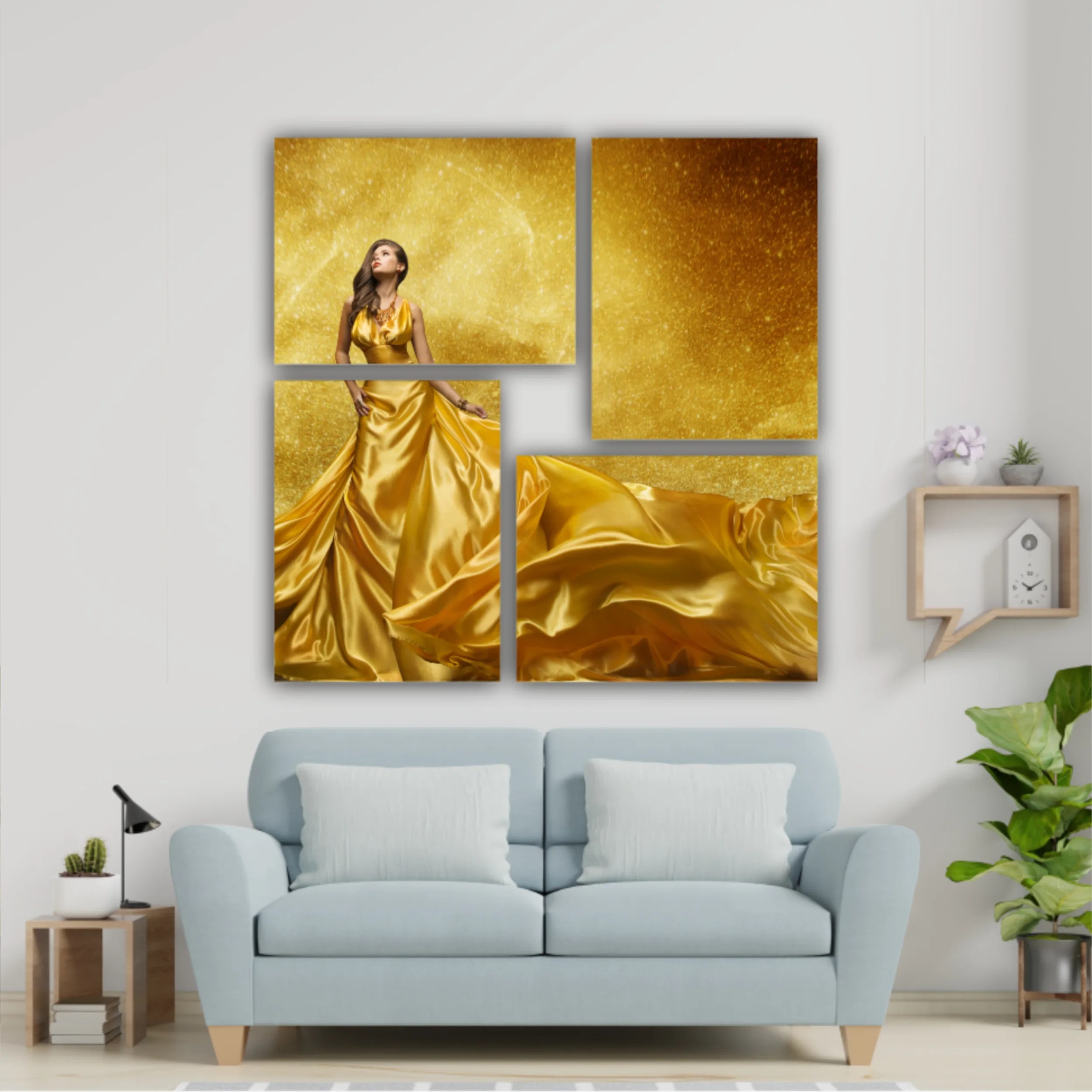 Gold Fashion Model Dress, Woman In Golden Silk Gown Flowing Fabric. Beautiful Girl on Stars Sky looking up