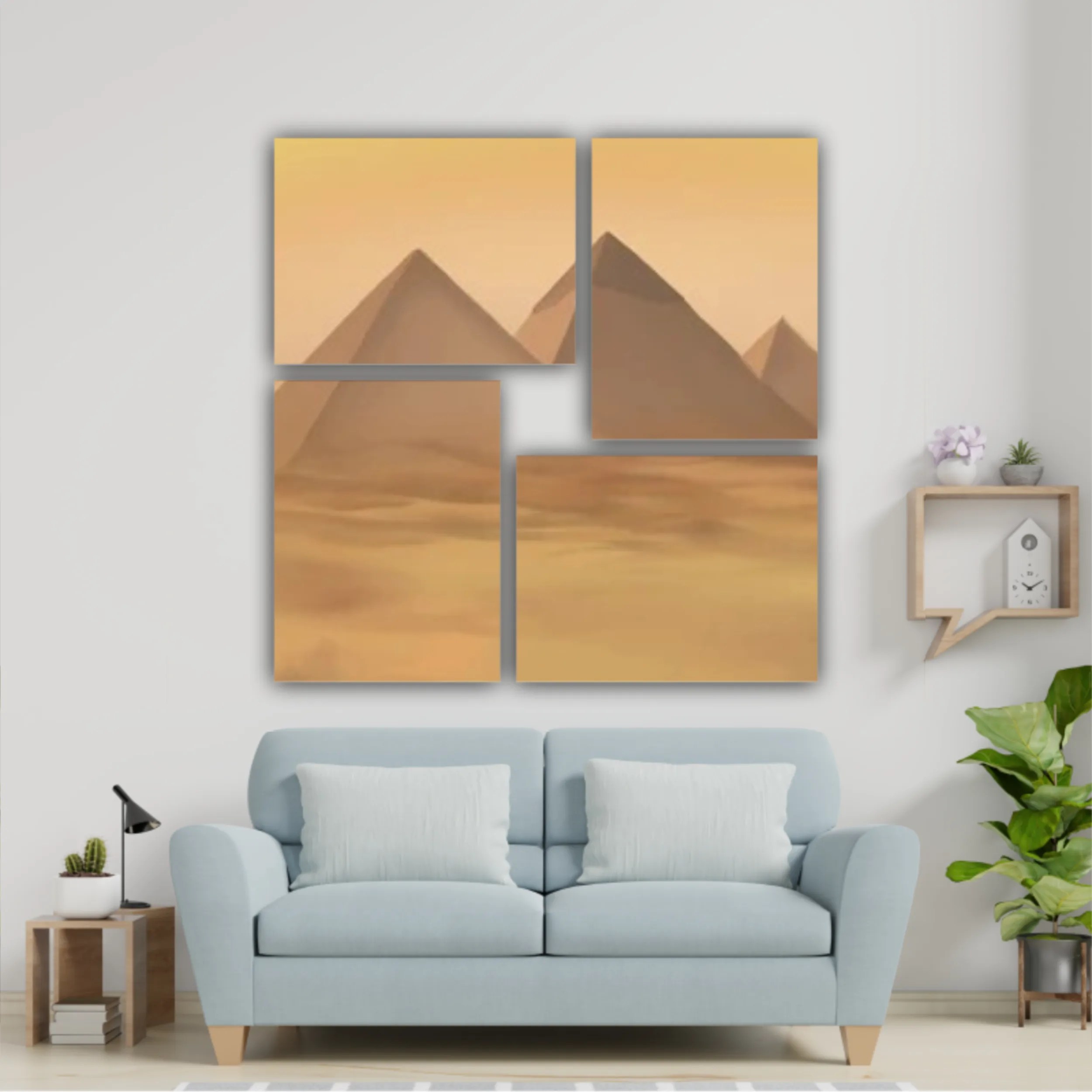 Desert landscape with pyramids. Sandstorm, camel caravan