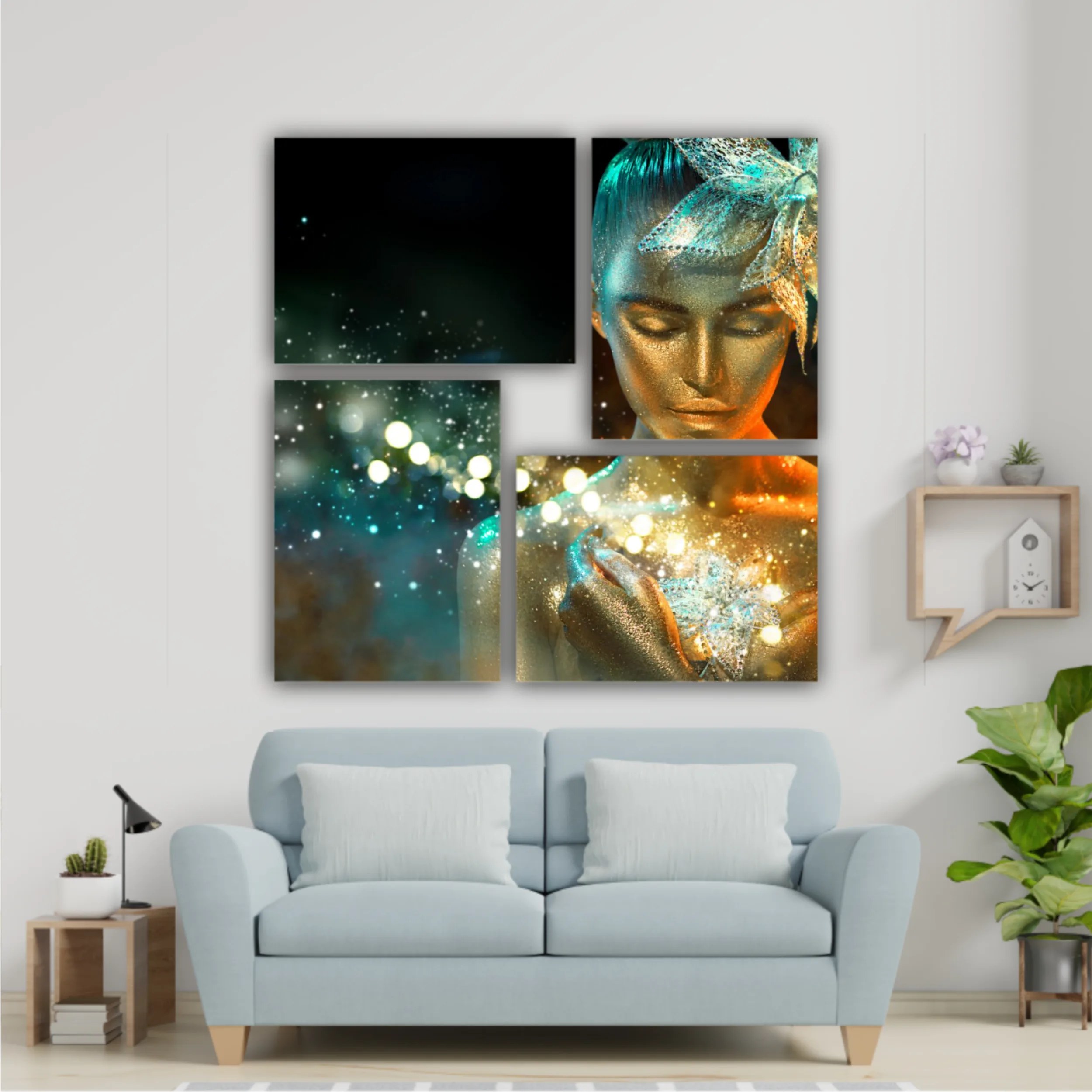 High Fashion model woman in colorful bright golden sparkles and neon lights posing with fantasy flower, portrait of beautiful girl glowing make-up