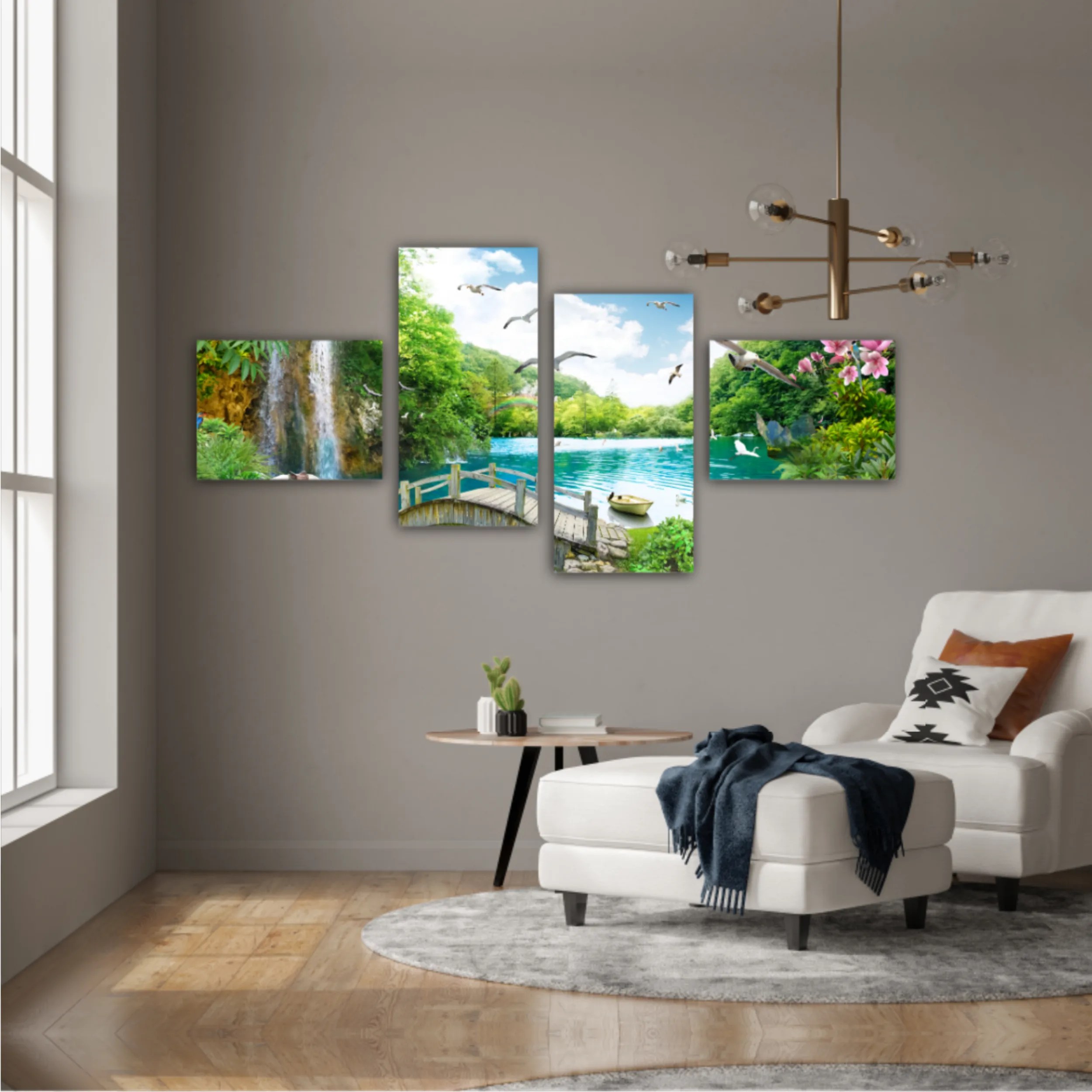 tropical view with waterfall, lake, bird, white horse and wood bridge