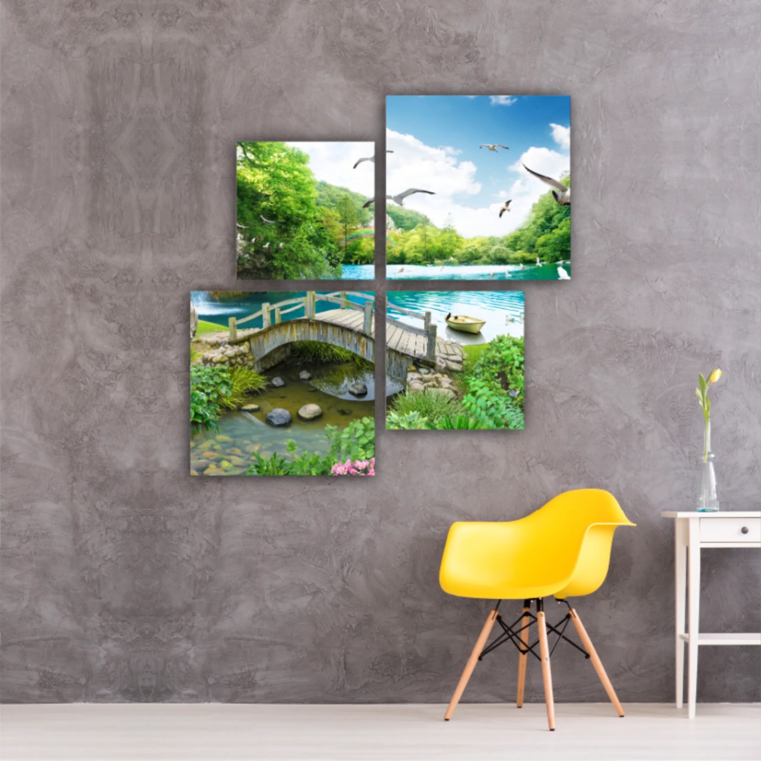 tropical view with waterfall, lake, bird, white horse and wood bridge