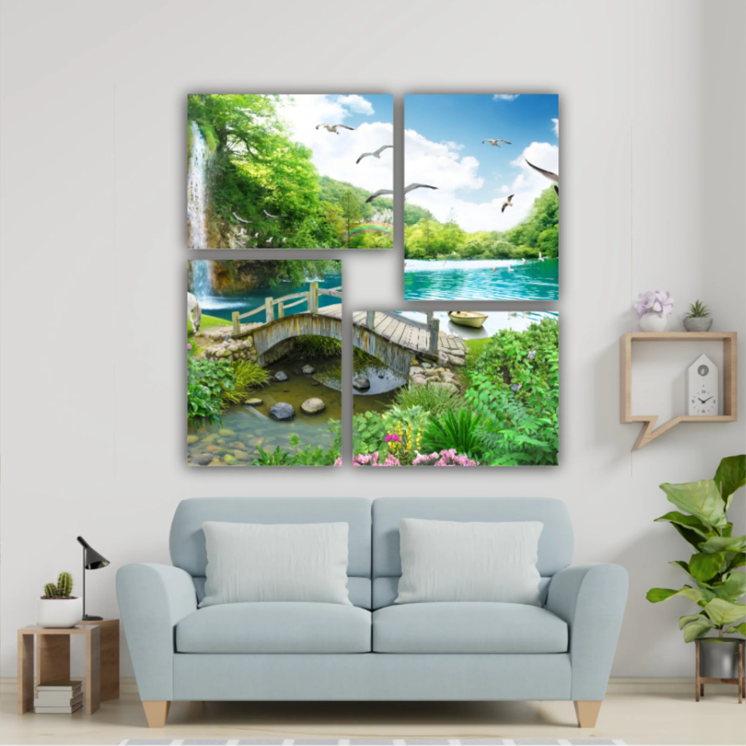 tropical view with waterfall, lake, bird, white horse and wood bridge