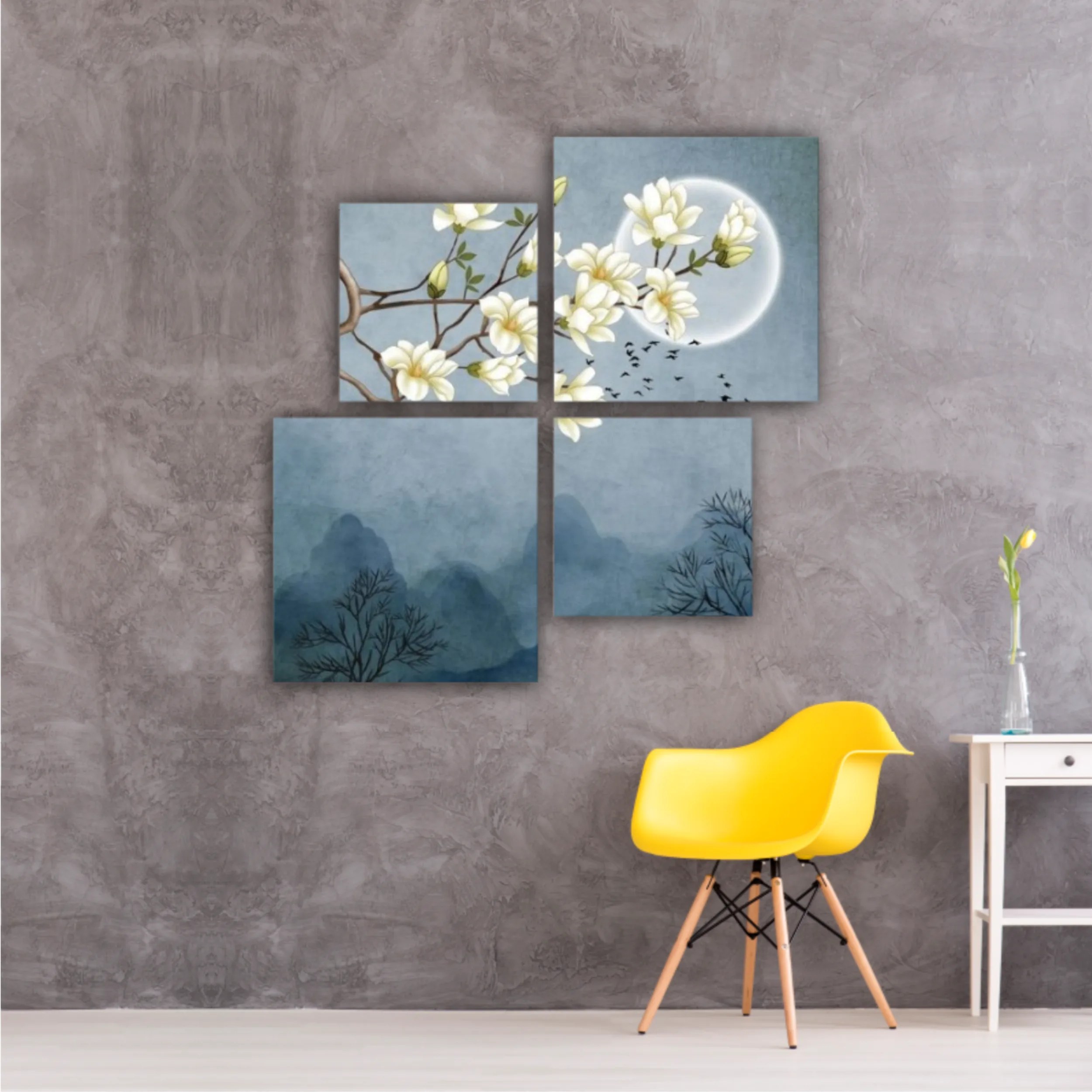 3d illustration of flowers, moon, flock of birds and mountains