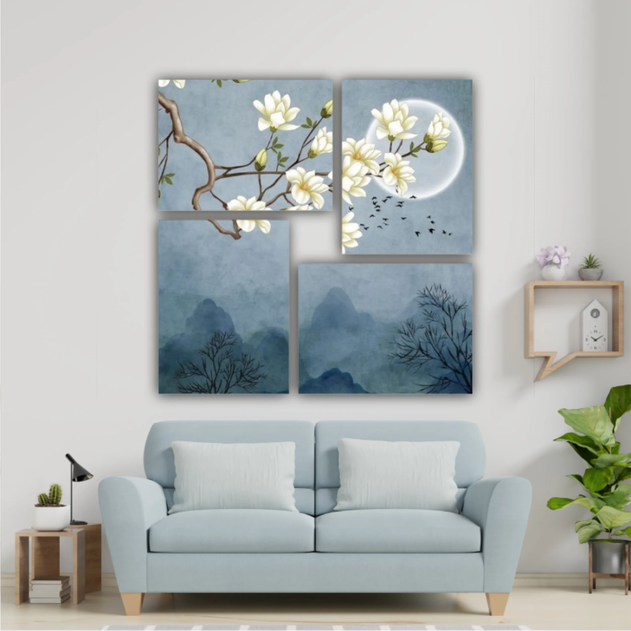 3d illustration of flowers, moon, flock of birds and mountains