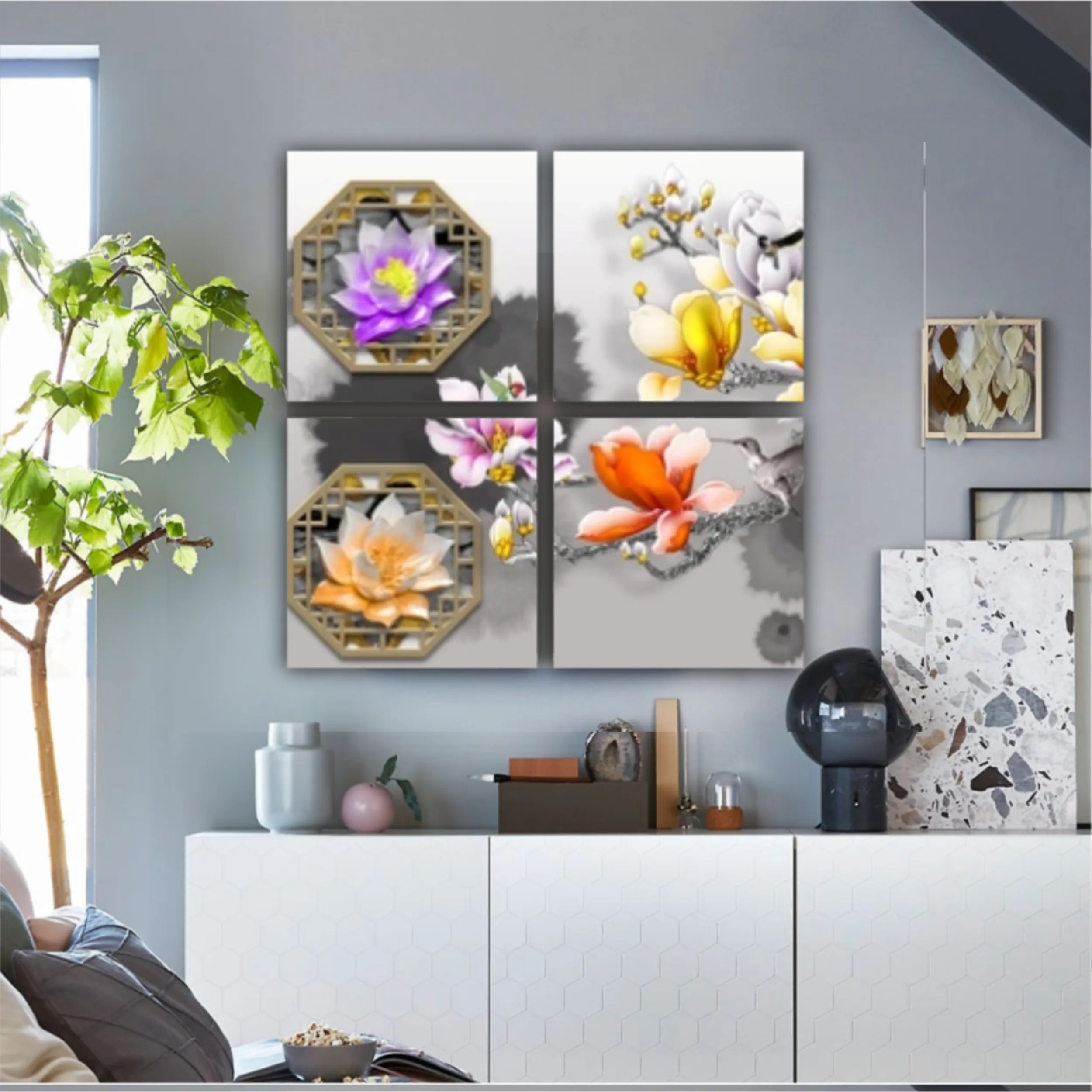 3d illustration of floral branches and wall murals