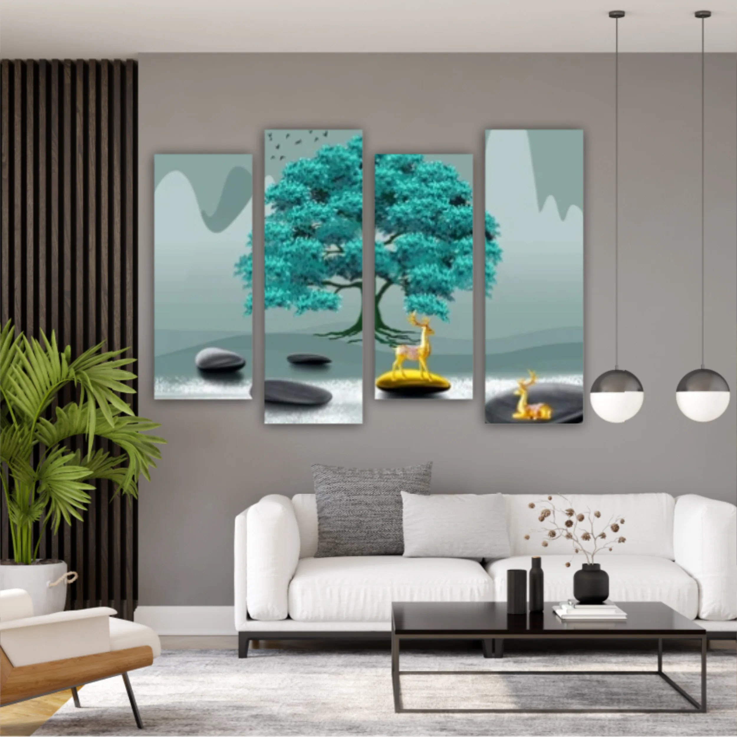 3d illustration of tree and deer. Modern mural for decoration