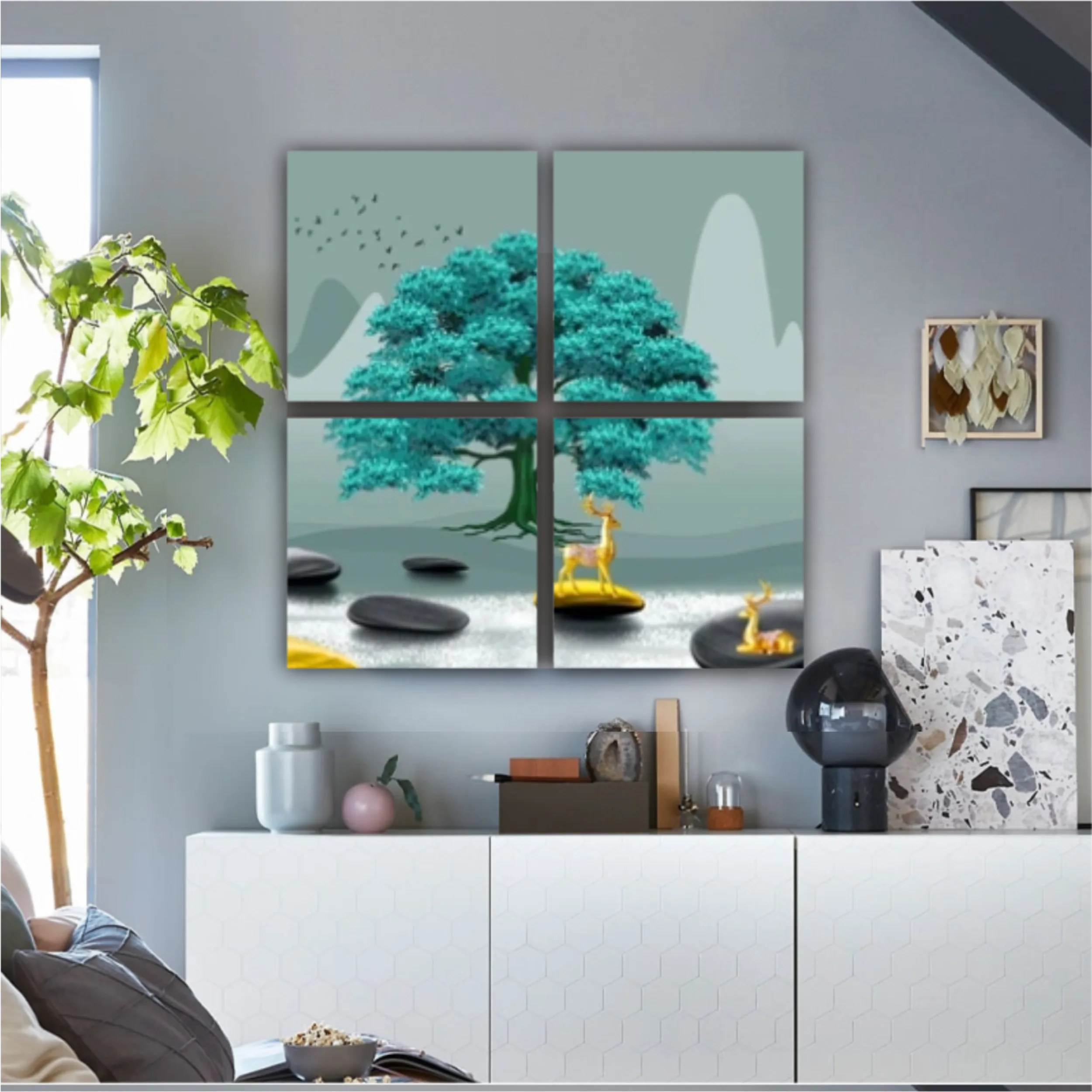 3d illustration of tree and deer. Modern mural for decoration