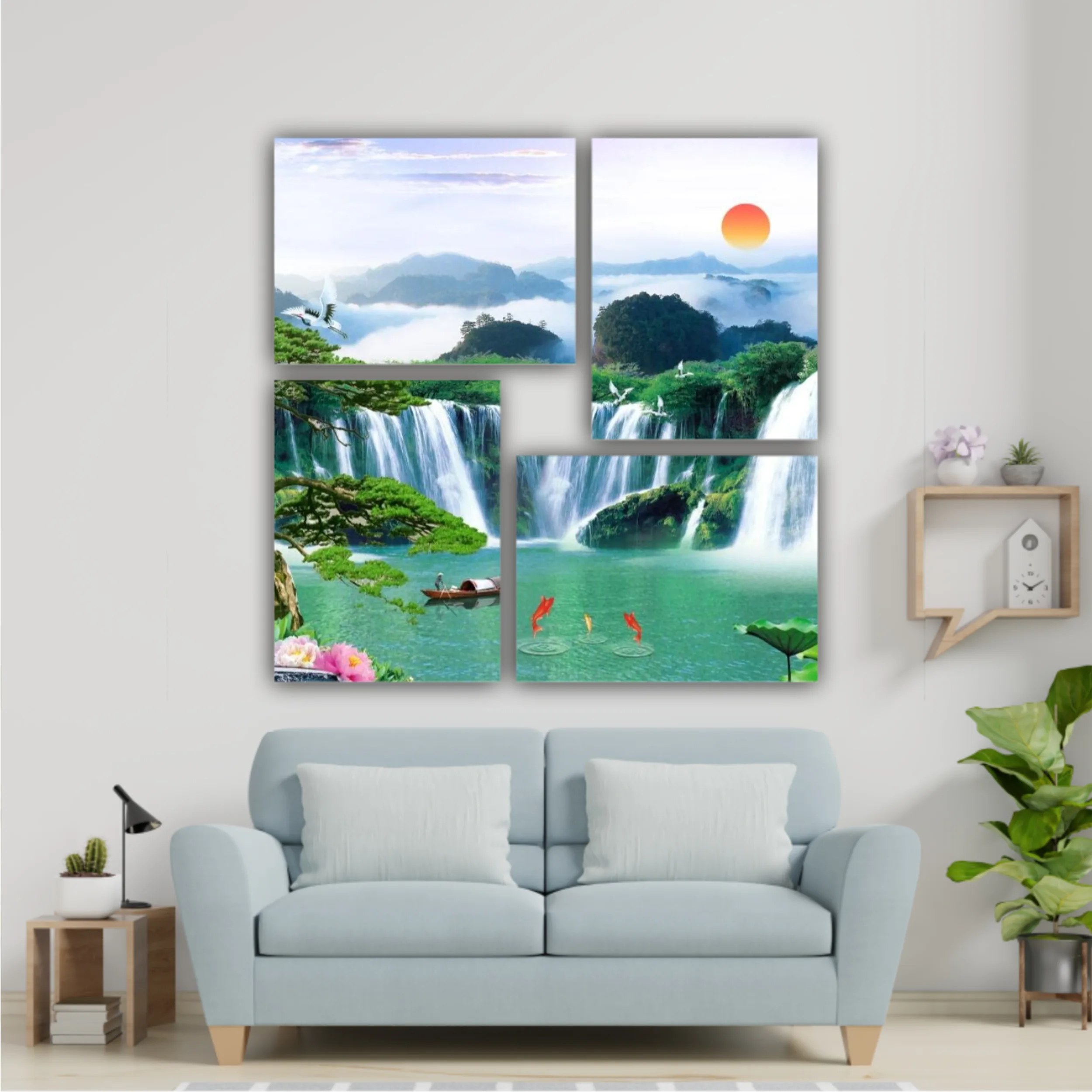 3d illustration of forest waterfall and bird