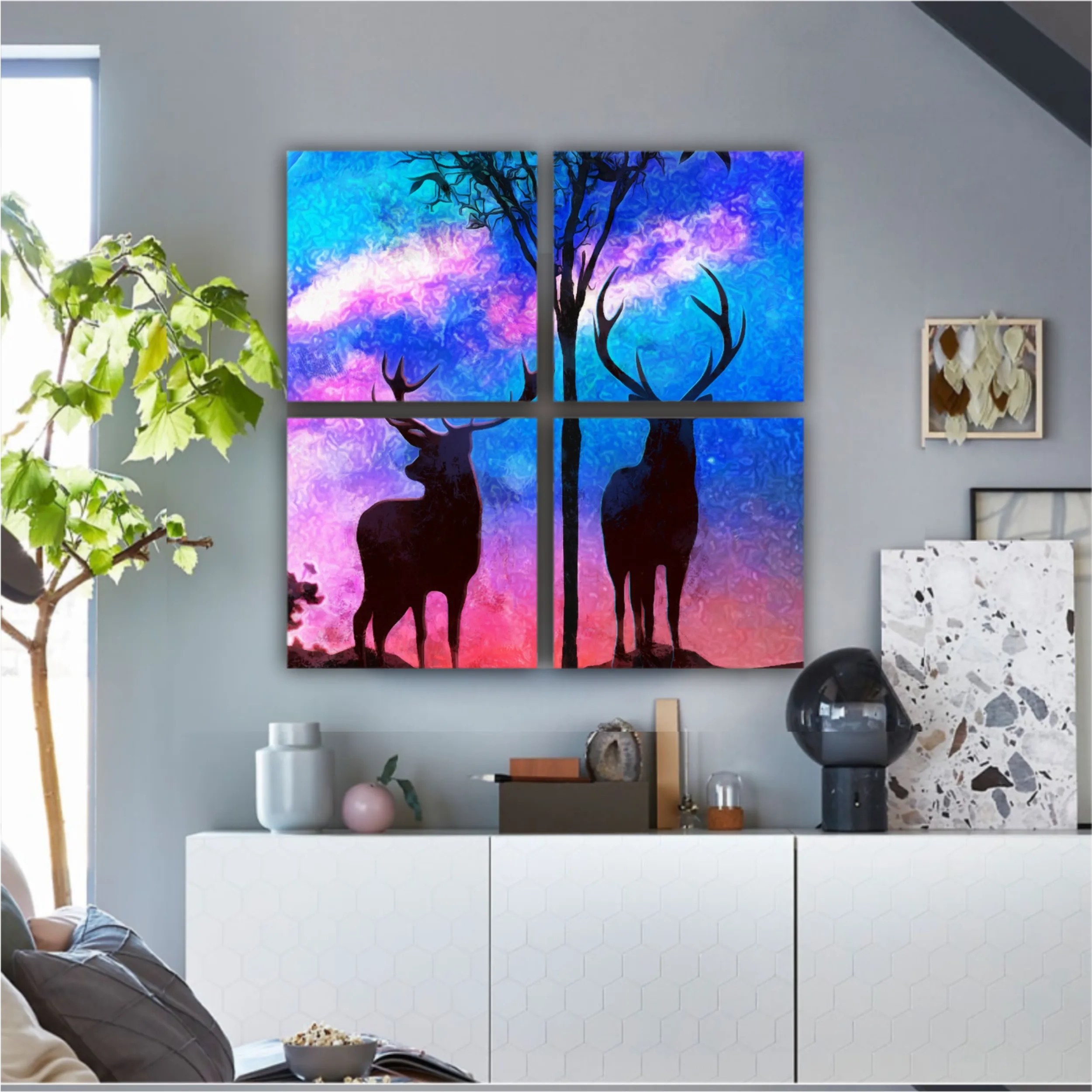 Landscape of two deer in a forest at night with dark blue misty background with moon