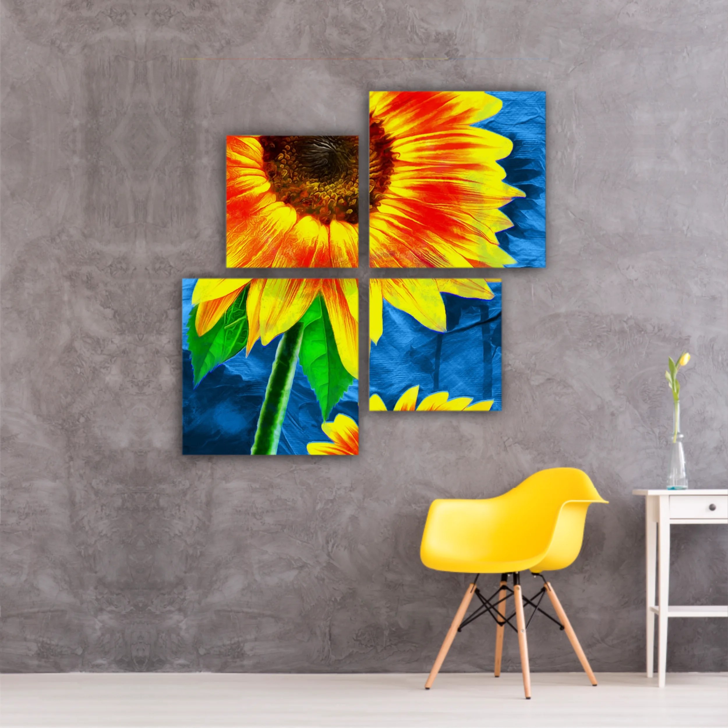 Yellow sunflowers on blue abstract background N1