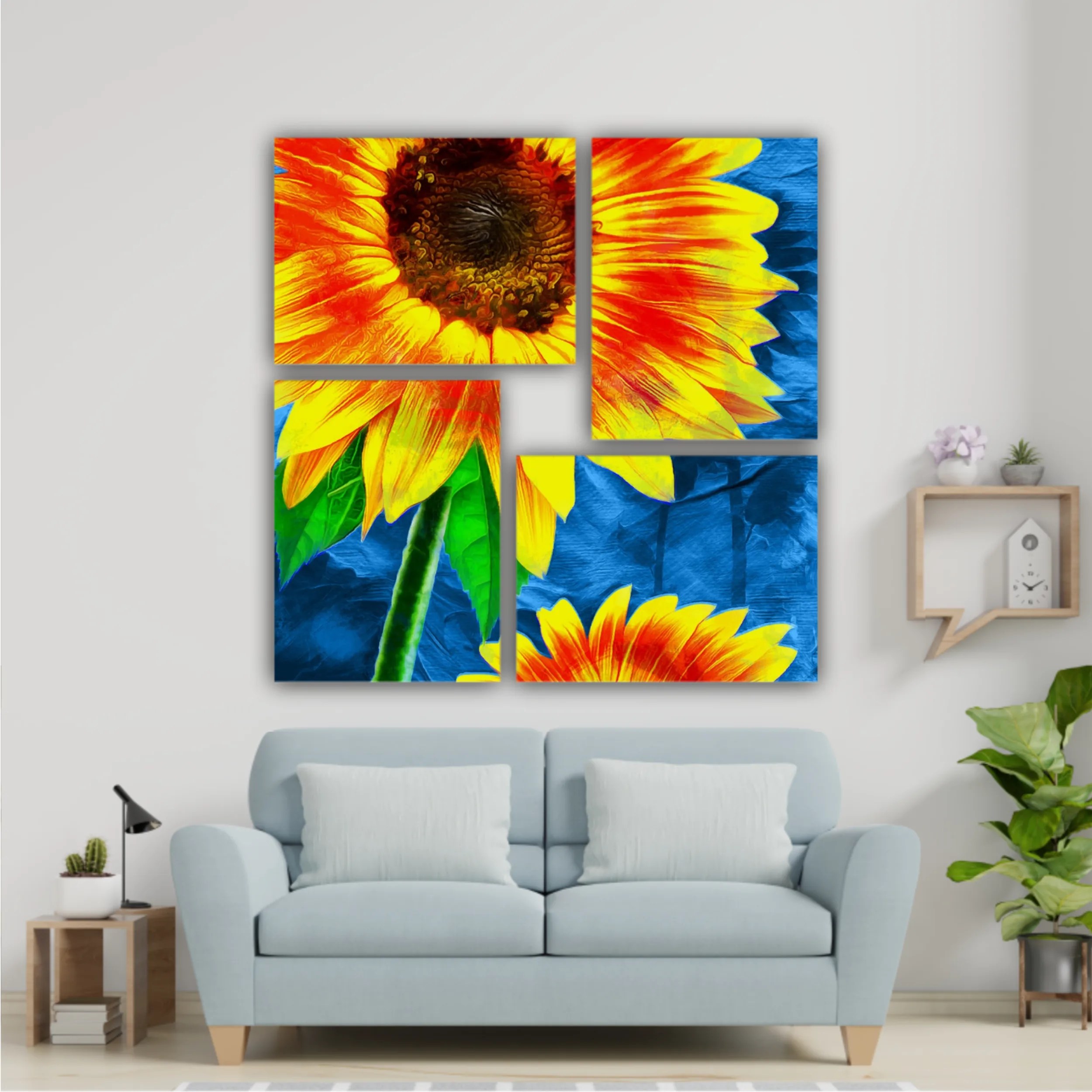 Yellow sunflowers on blue abstract background N1