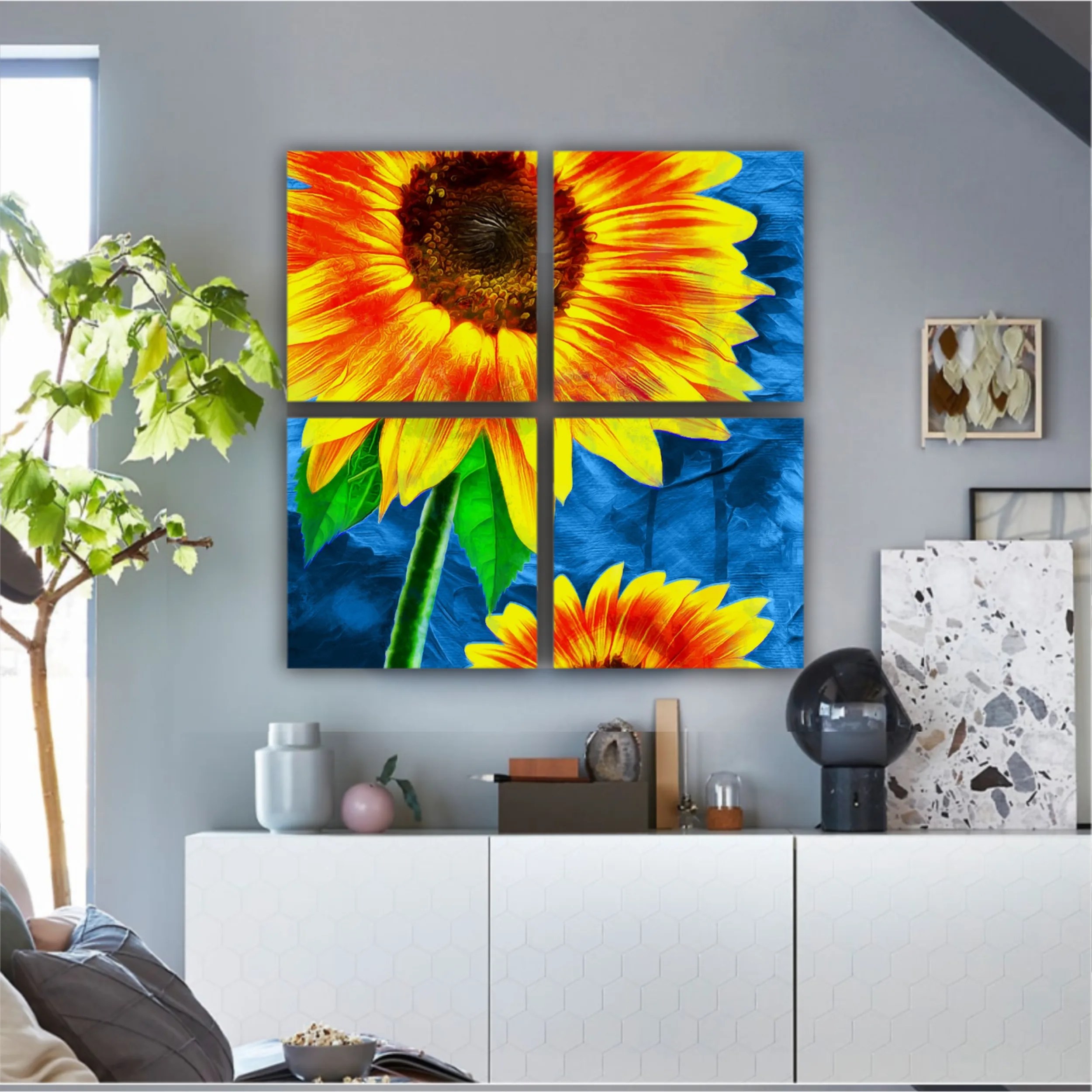 Yellow sunflowers on blue abstract background N1