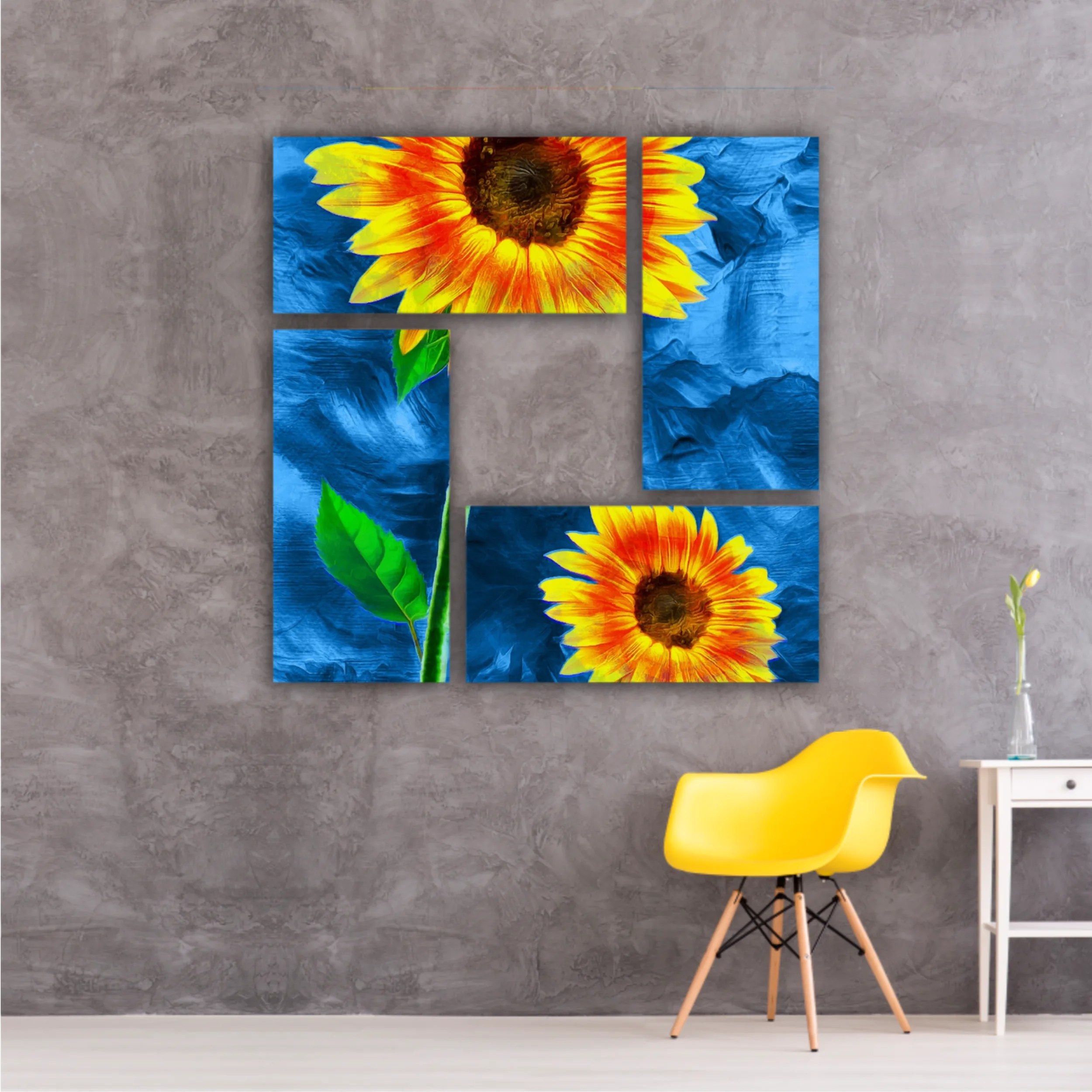 Yellow sunflowers on blue abstract background N2