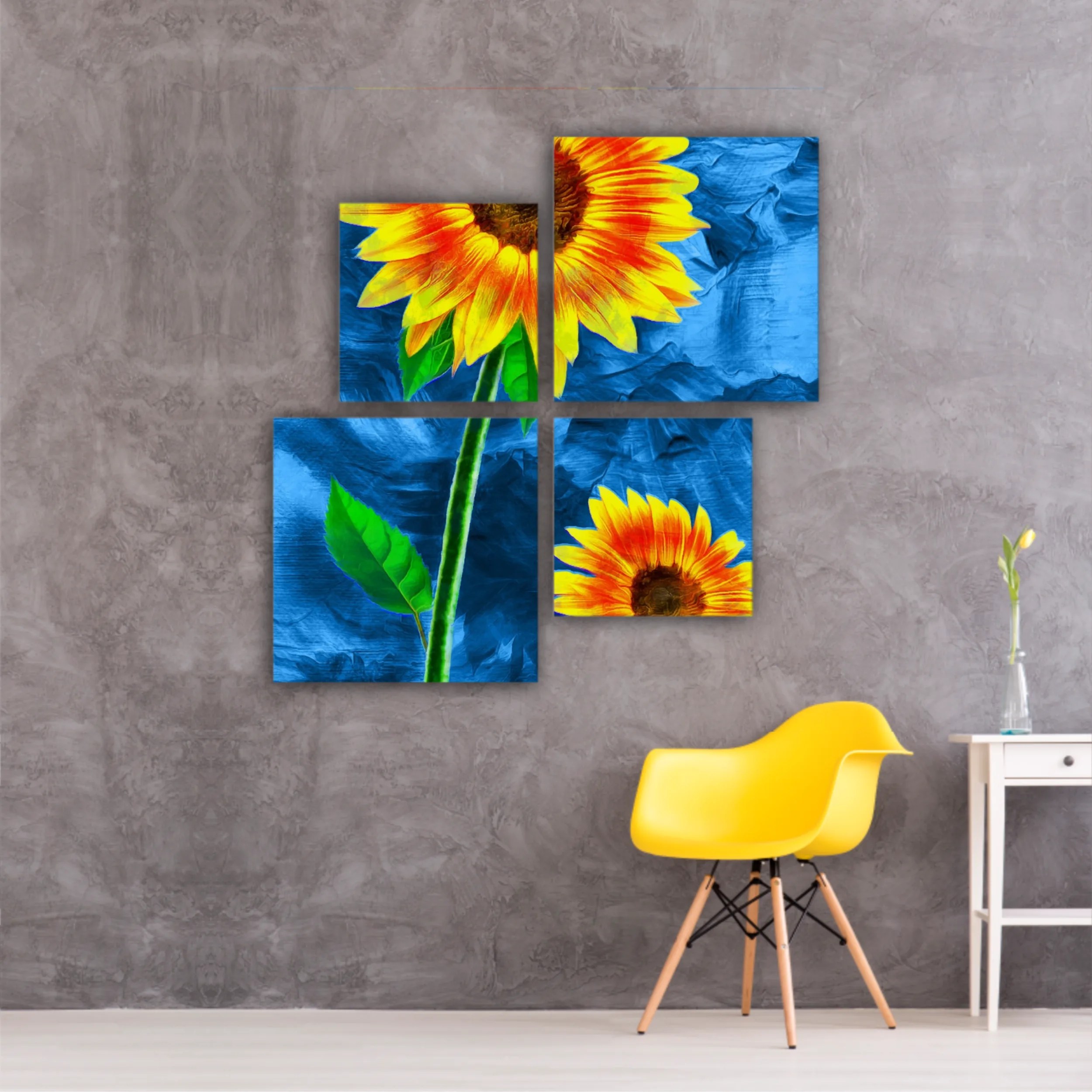 Yellow sunflowers on blue abstract background N2