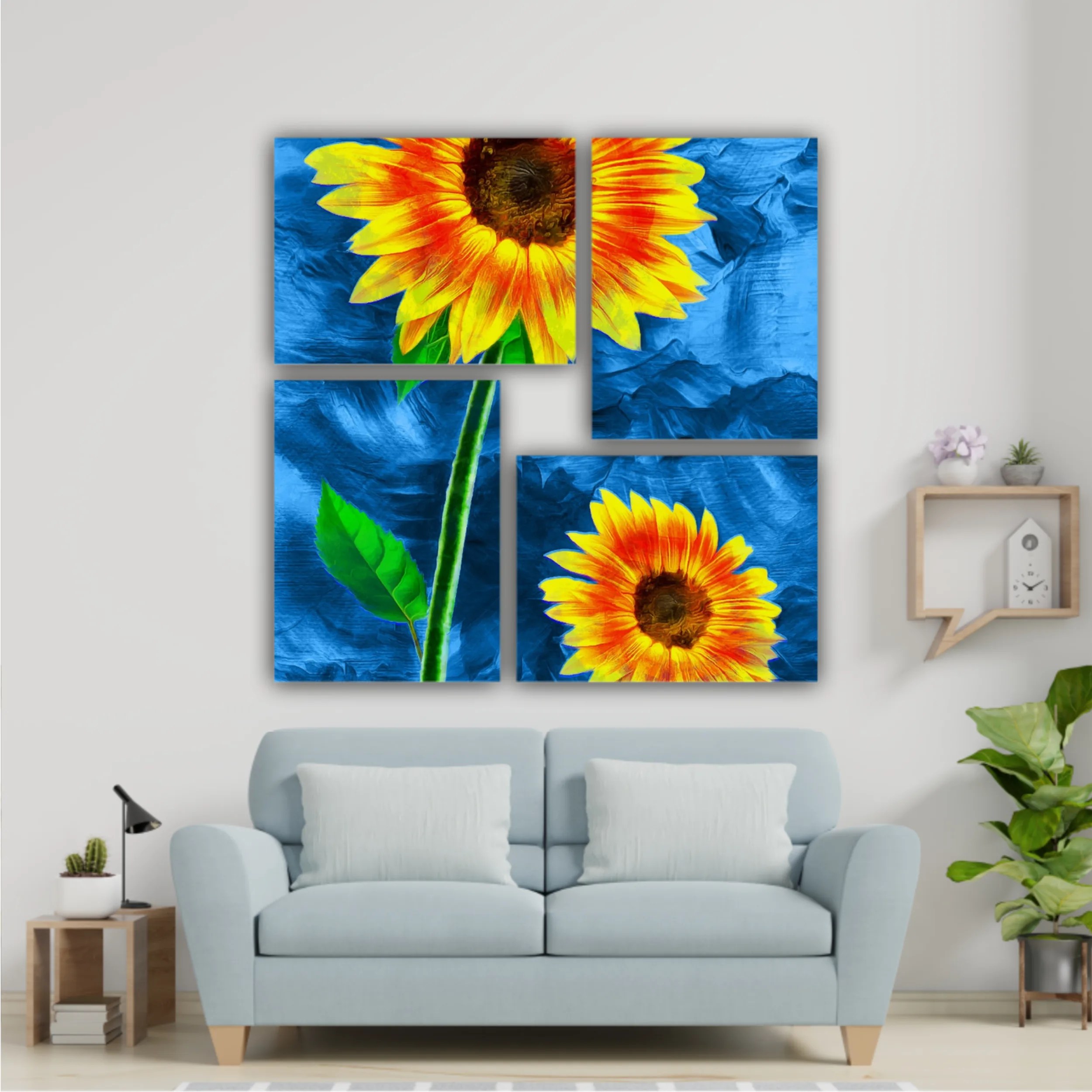 Yellow sunflowers on blue abstract background N2