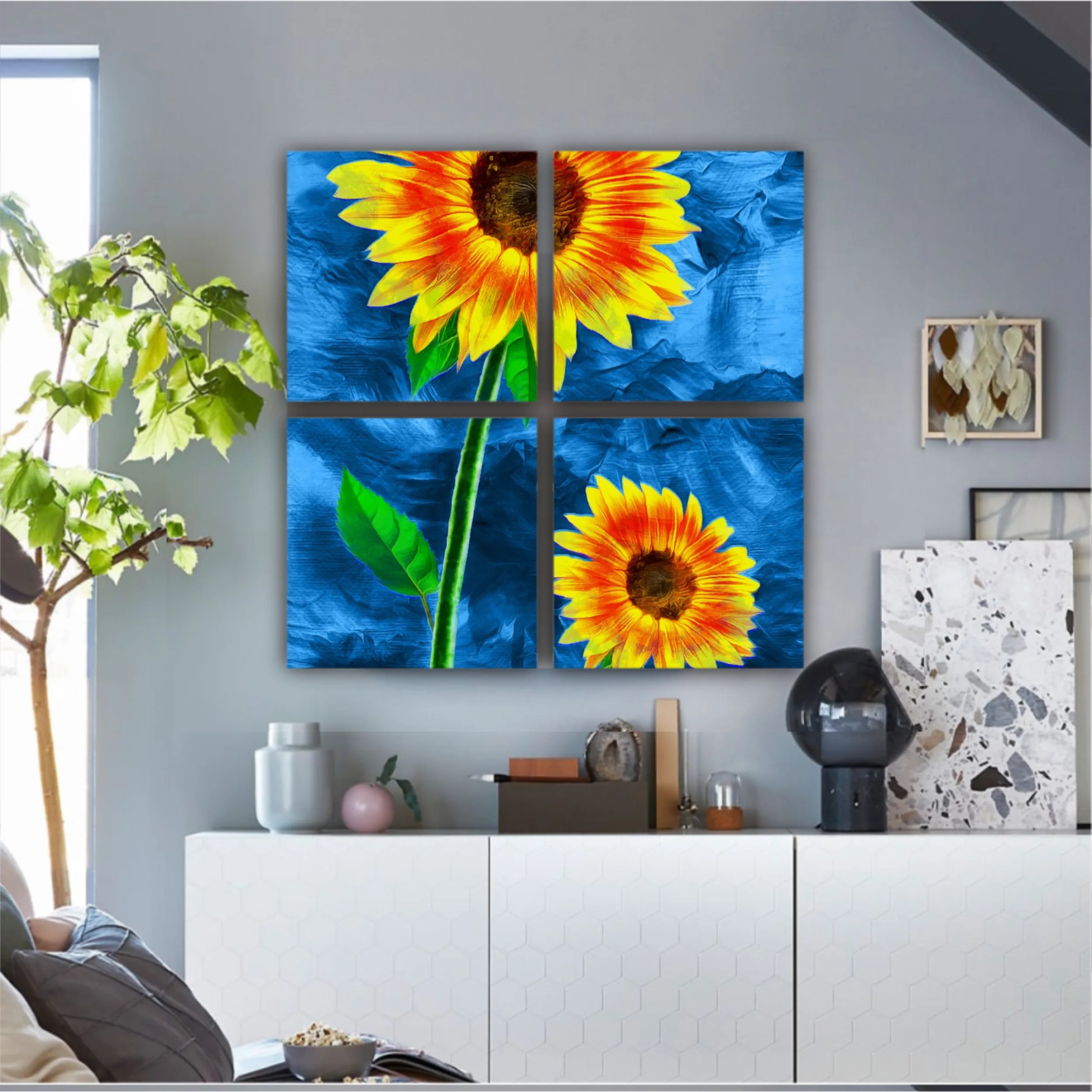 Yellow sunflowers on blue abstract background N2