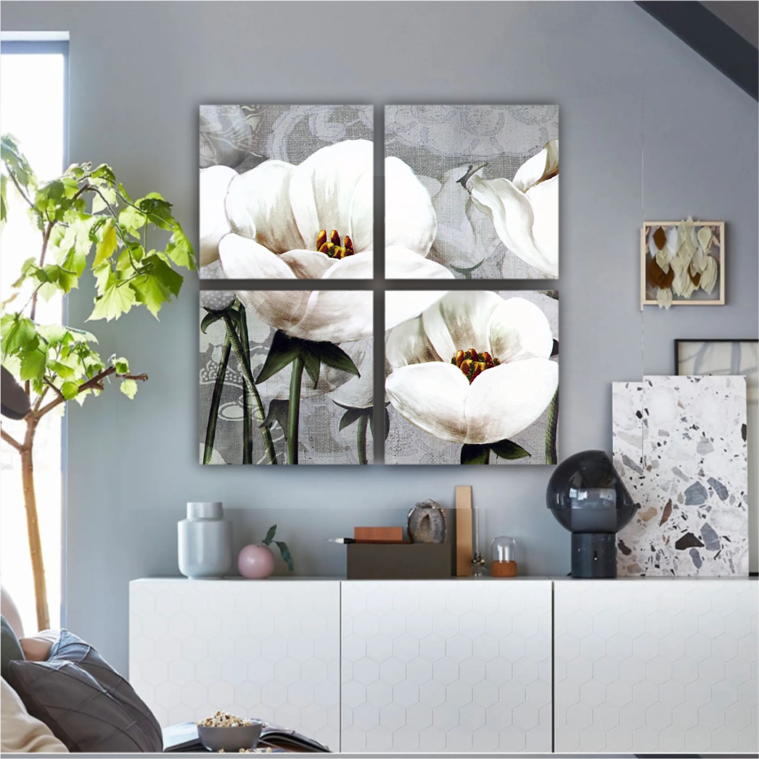 White peonies on a gray background